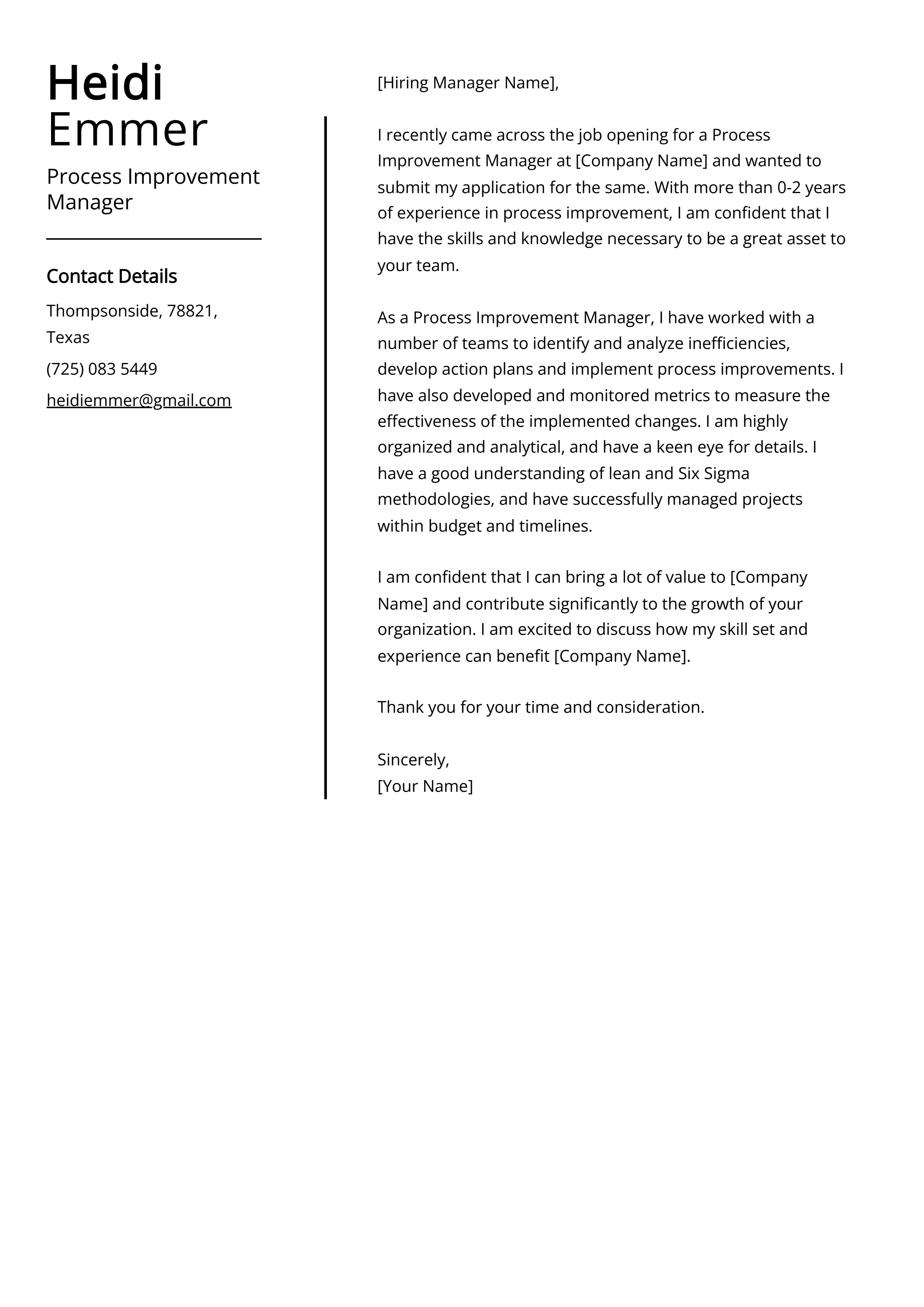 Process Improvement Manager Cover Letter Example
