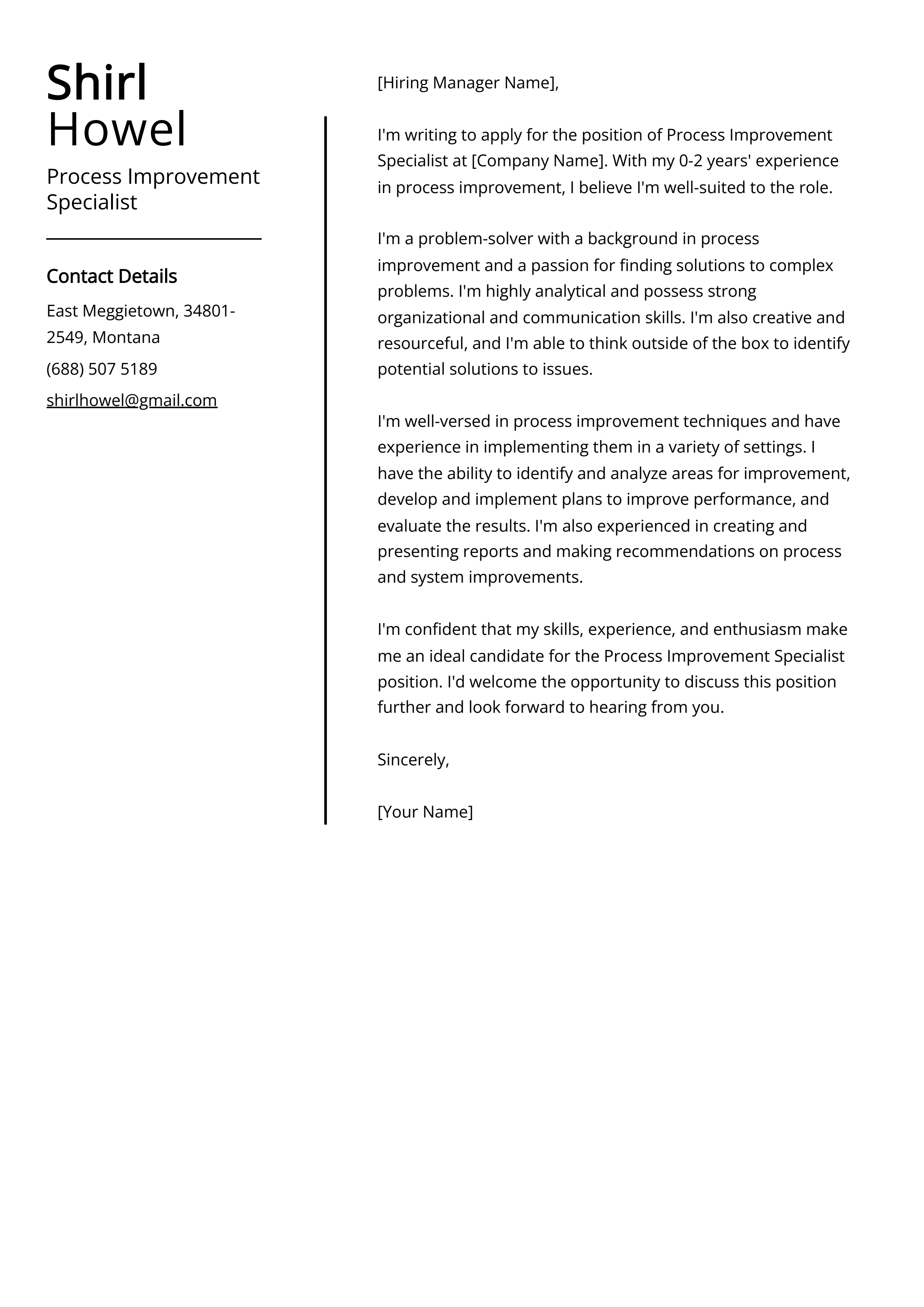 Process Improvement Specialist Cover Letter Example
