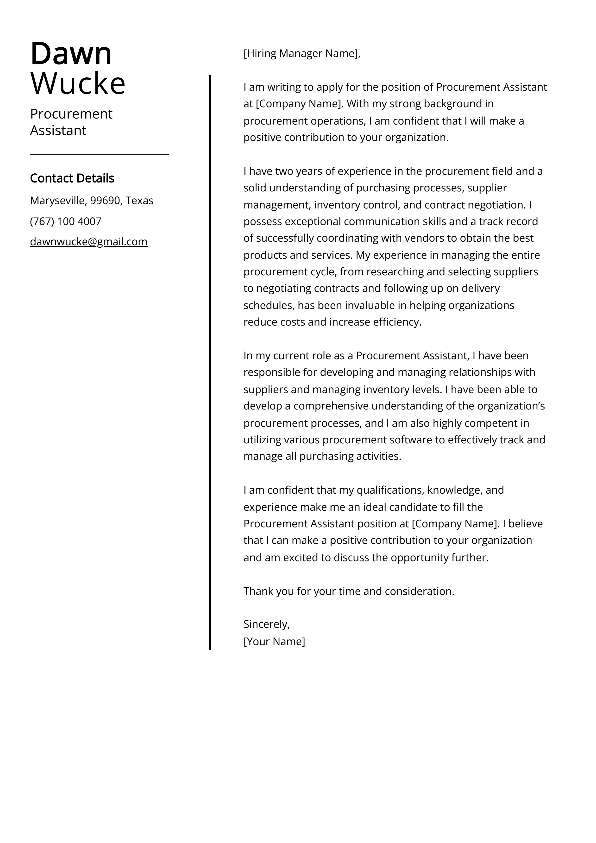 Procurement Assistant Cover Letter Example