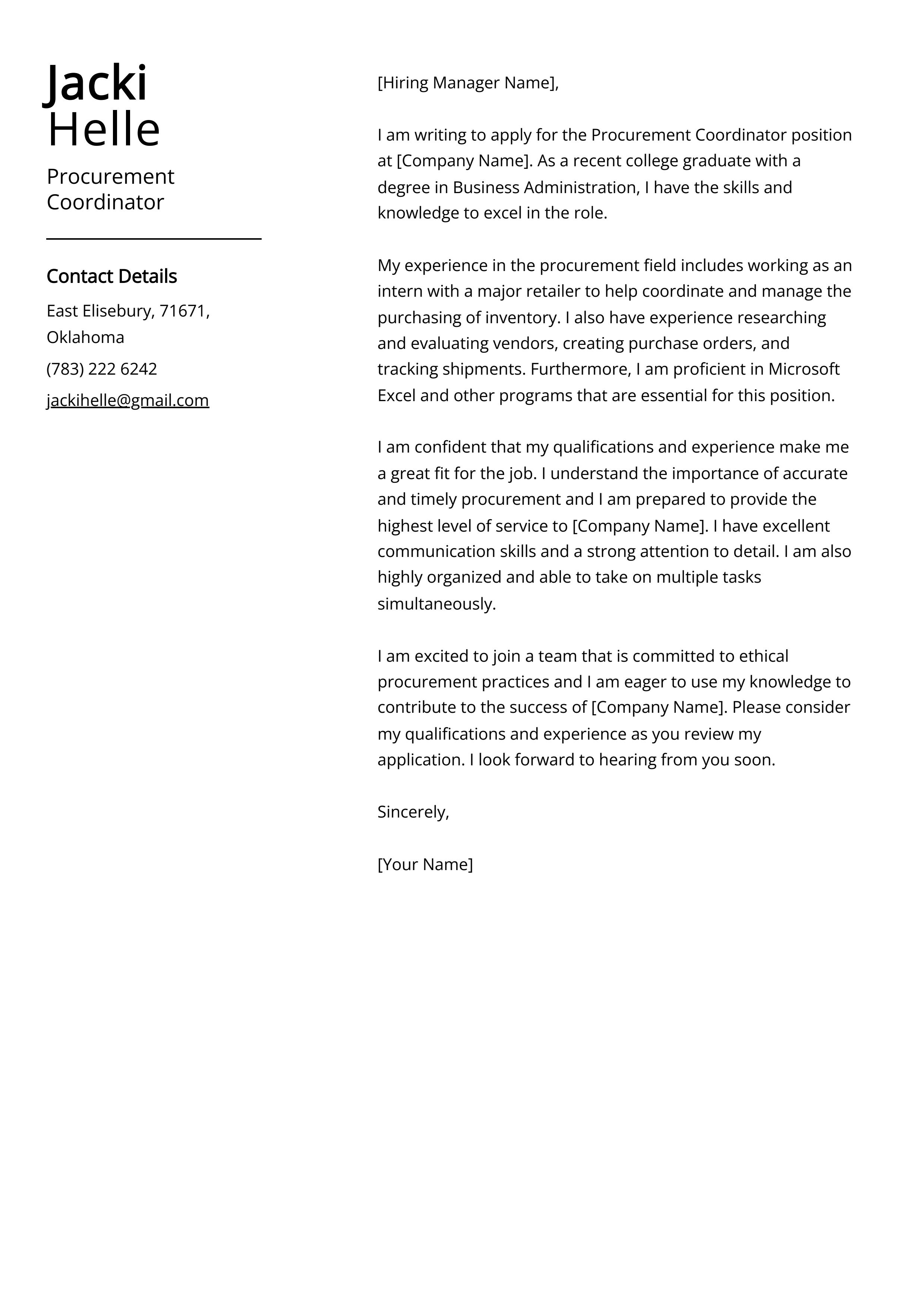 Procurement Coordinator Cover Letter Example