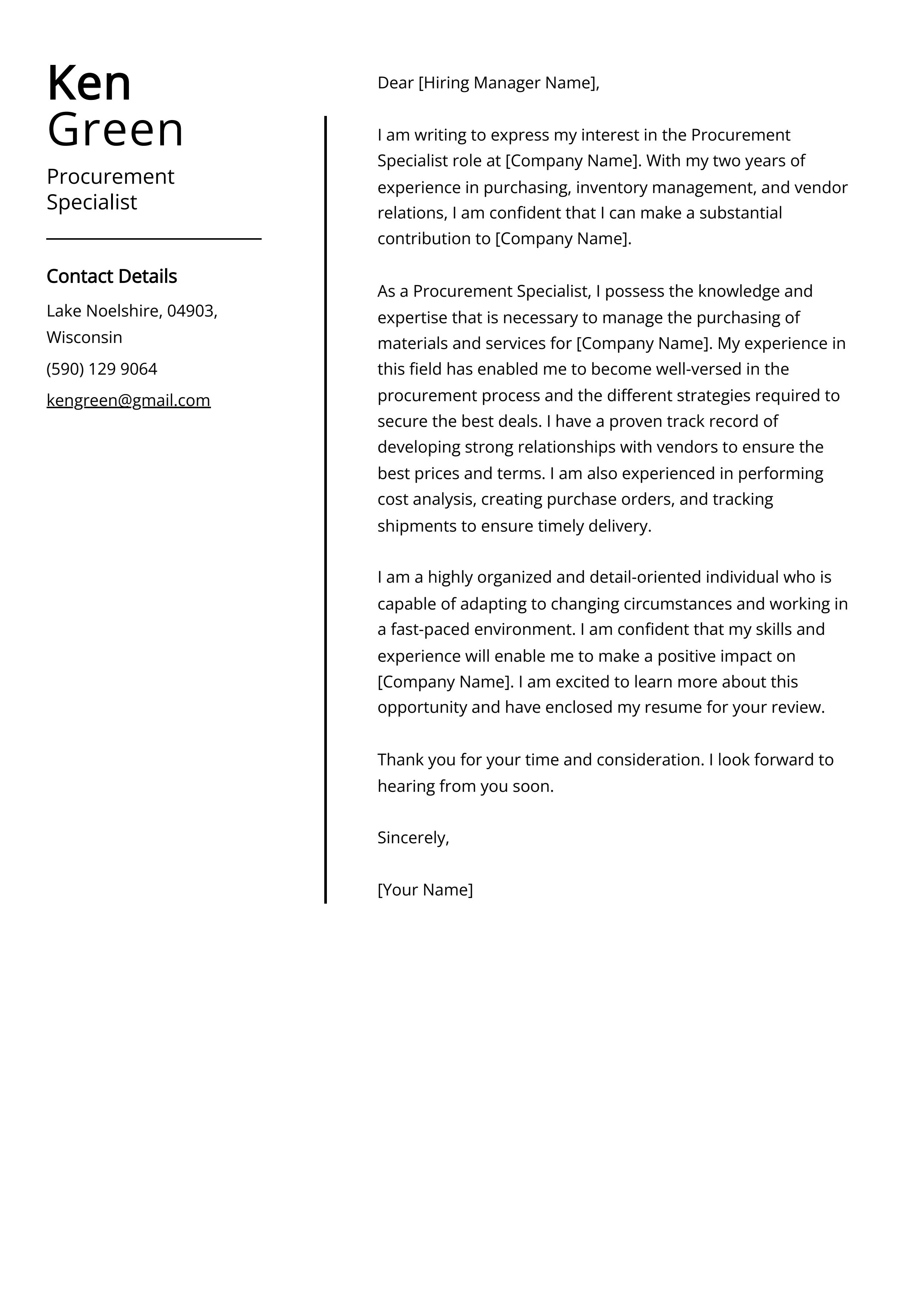 Procurement Specialist Cover Letter Example