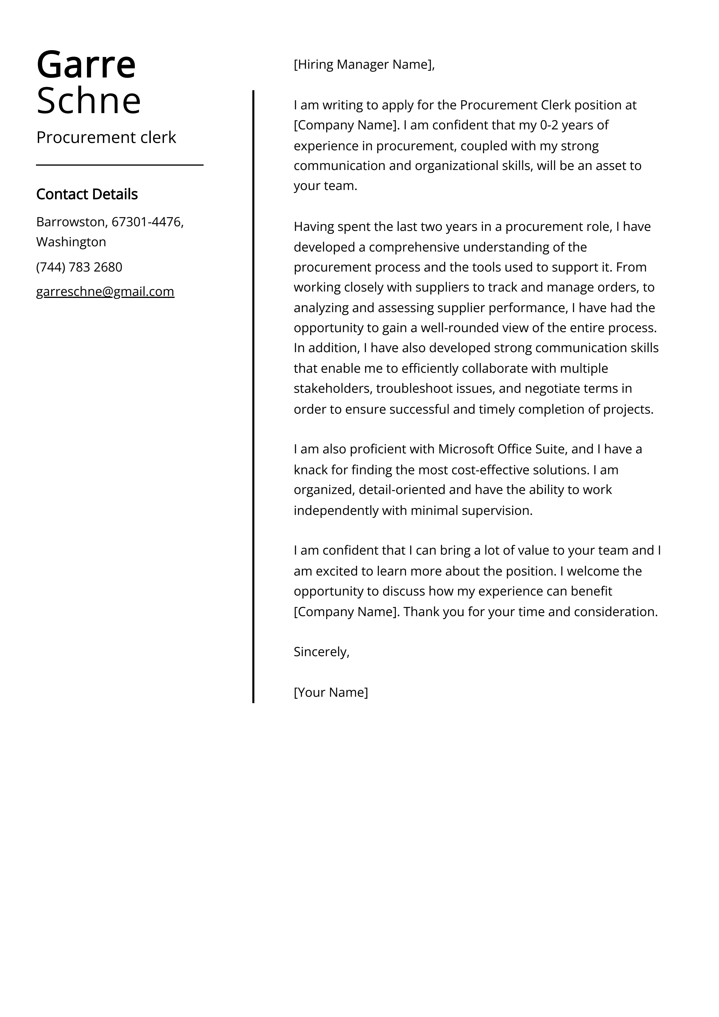 Procurement clerk Cover Letter Example