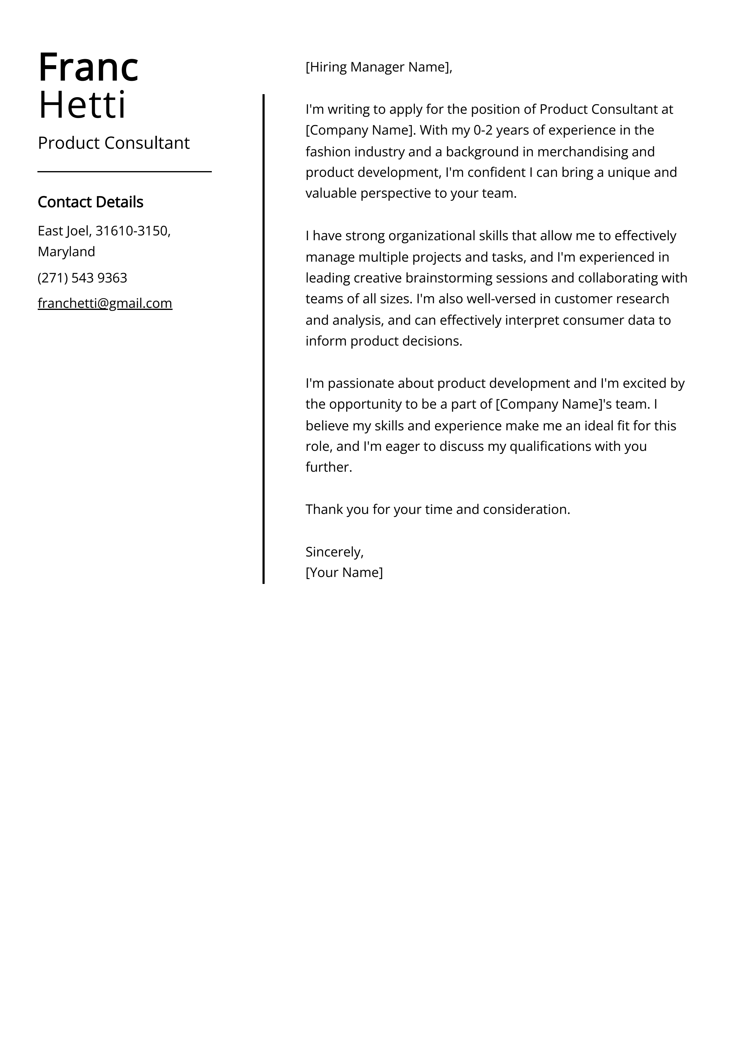 Product Consultant Cover Letter Example