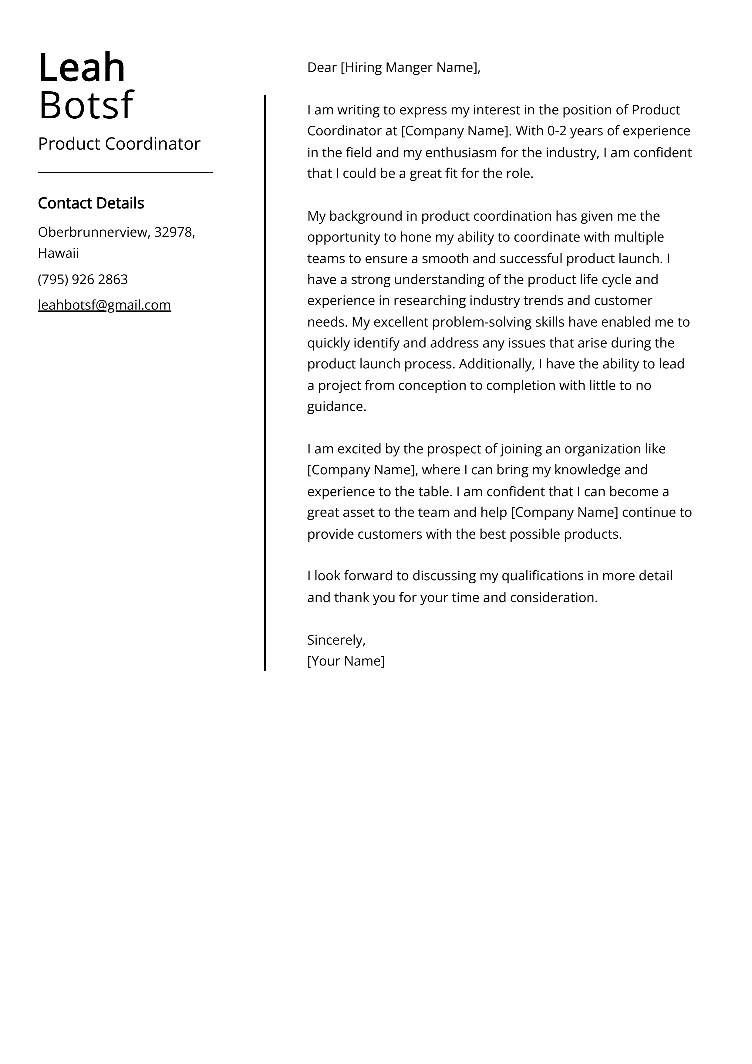 Product Coordinator Cover Letter Example