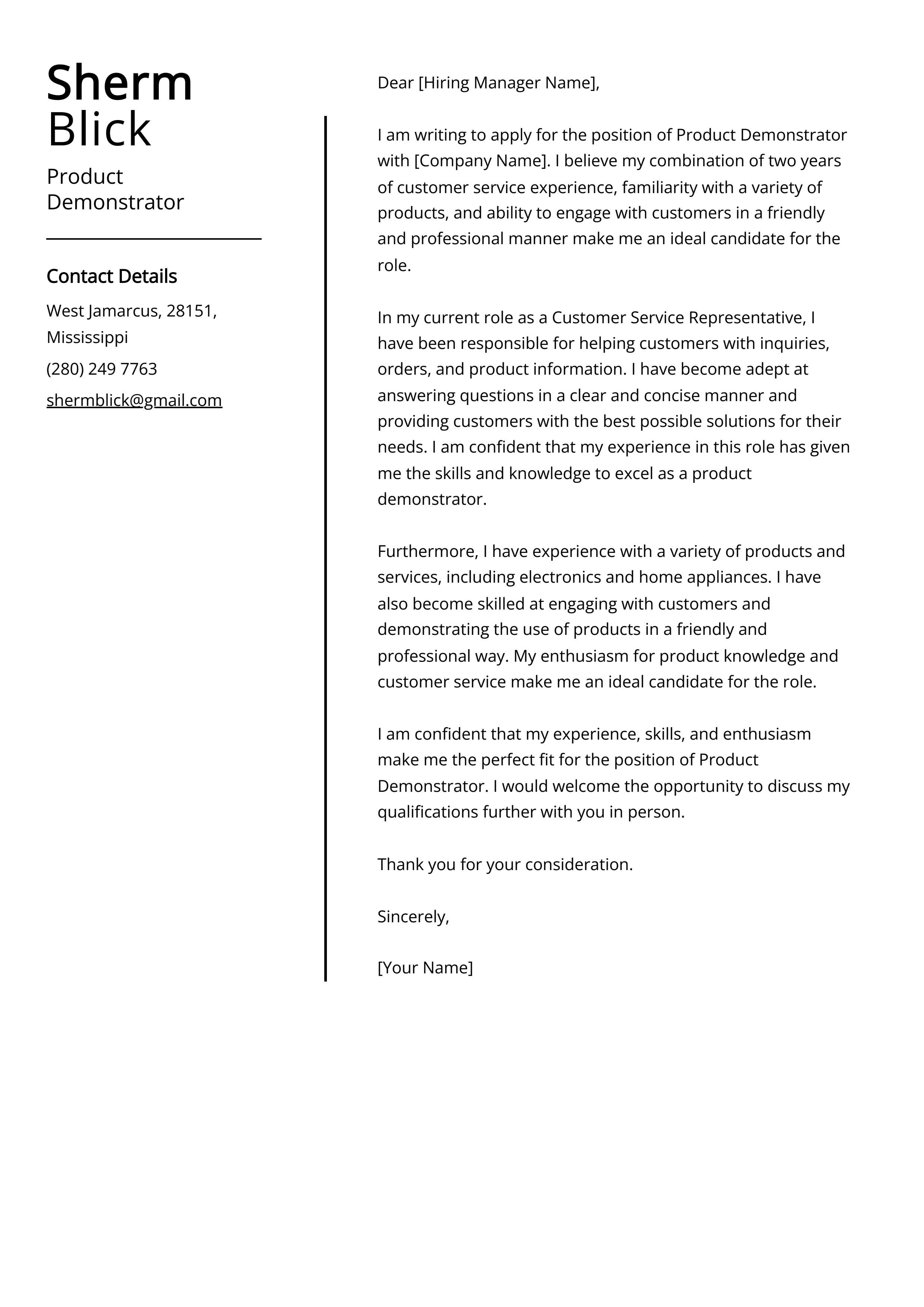 Product Demonstrator Cover Letter Example