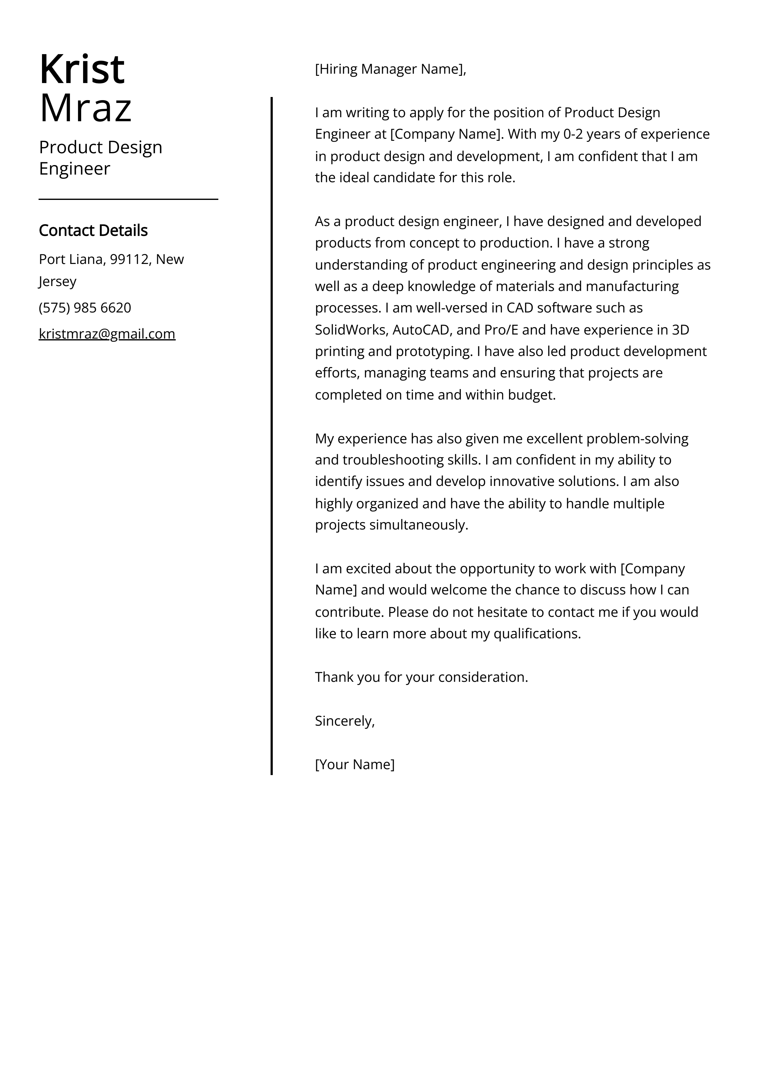 Product Design Engineer Cover Letter Example