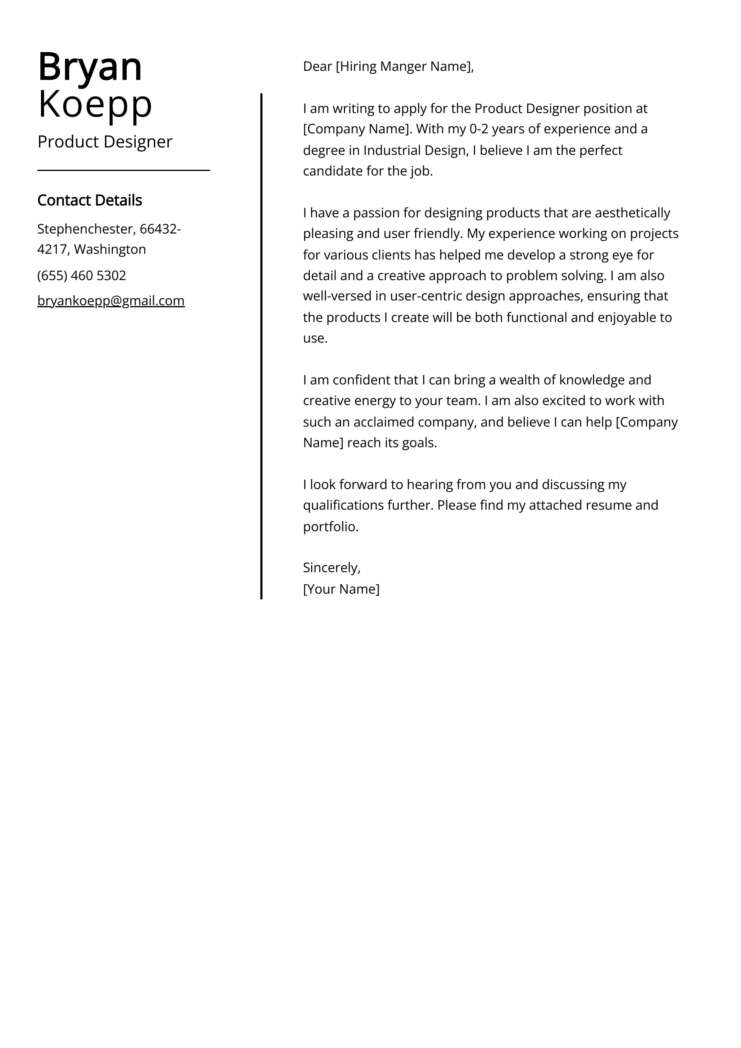 Product Designer Cover Letter Example
