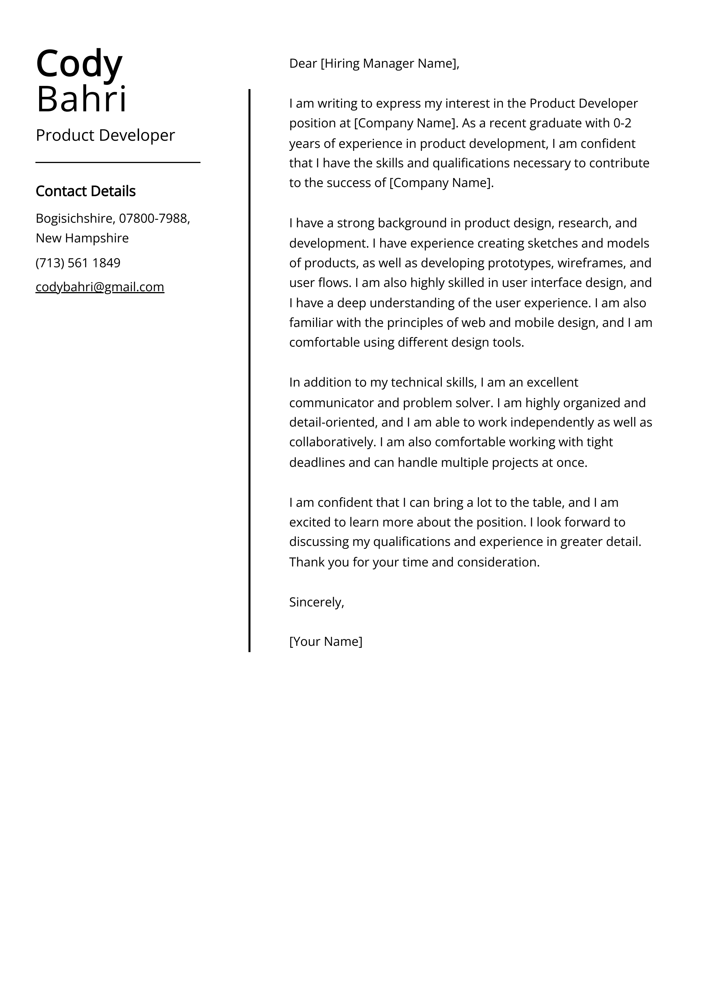 Product Developer Cover Letter Example
