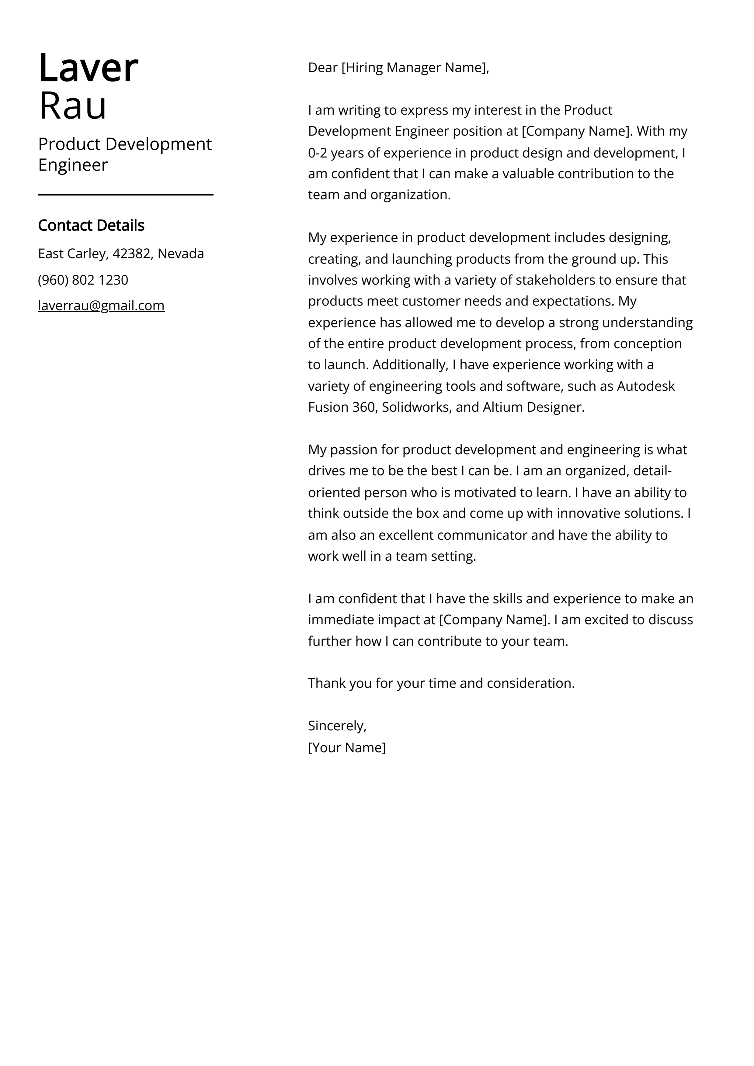 Product Development Engineer Cover Letter Example