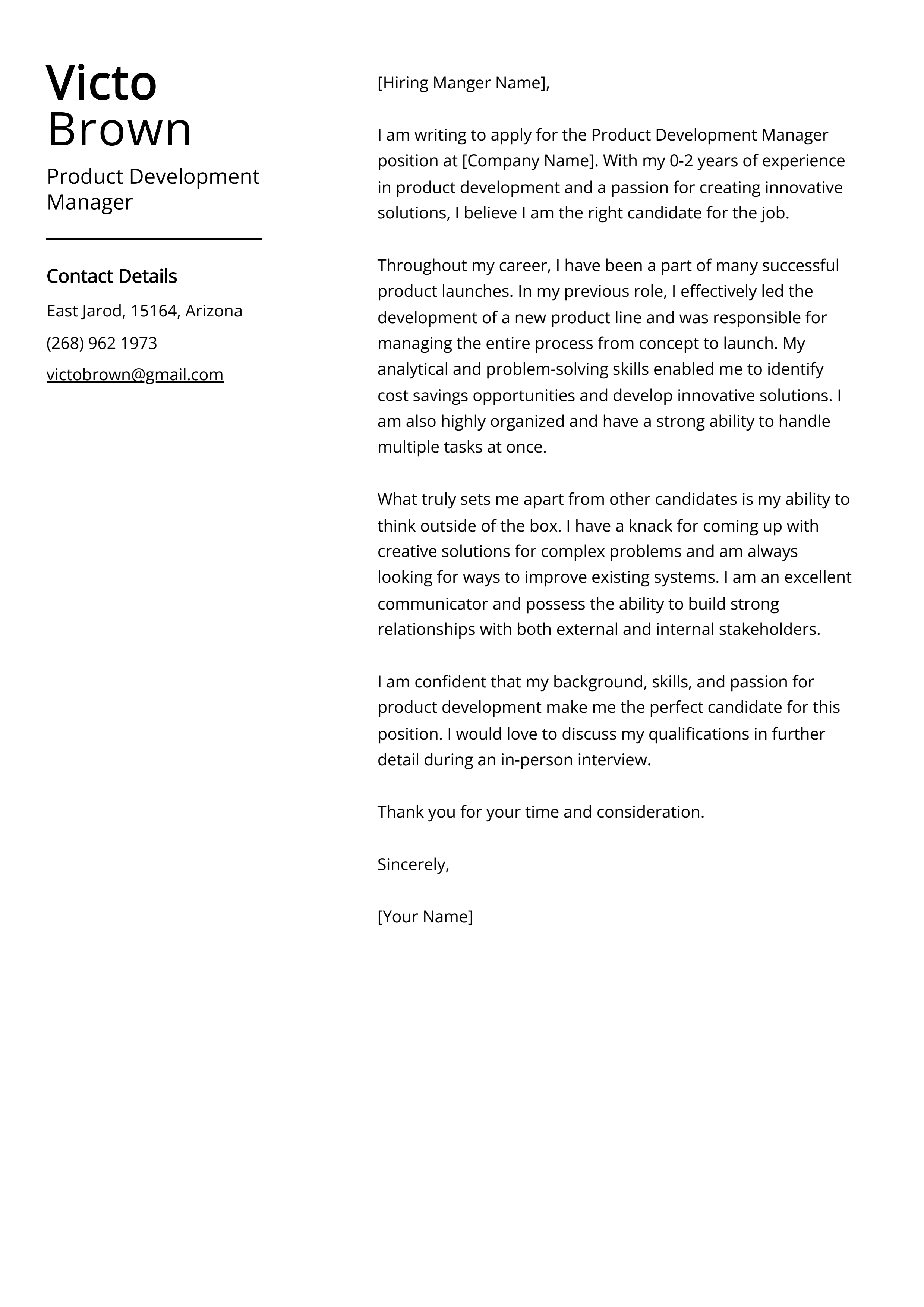 Product Development Manager Cover Letter Example