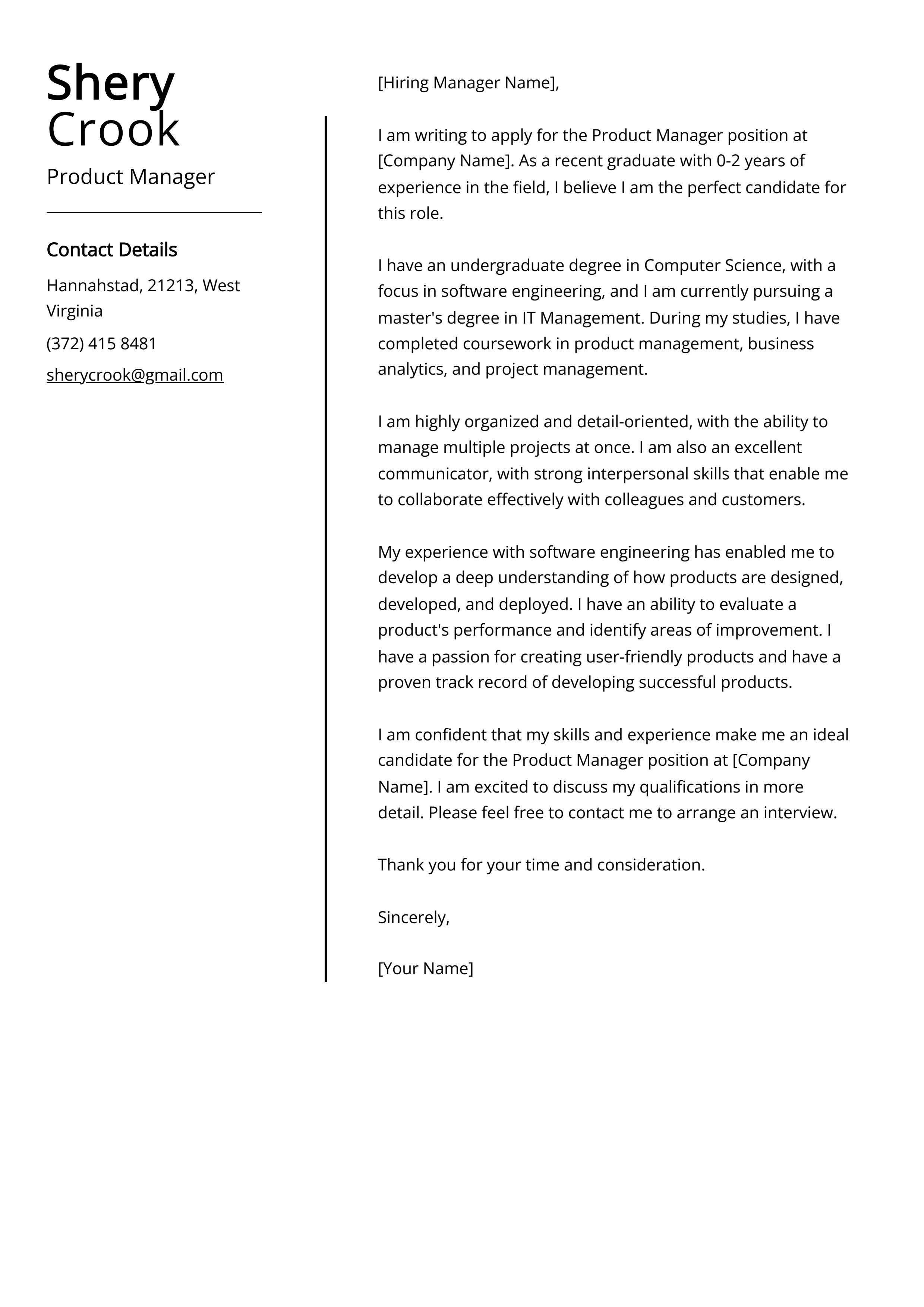 Experienced Product Manager Cover Letter Example