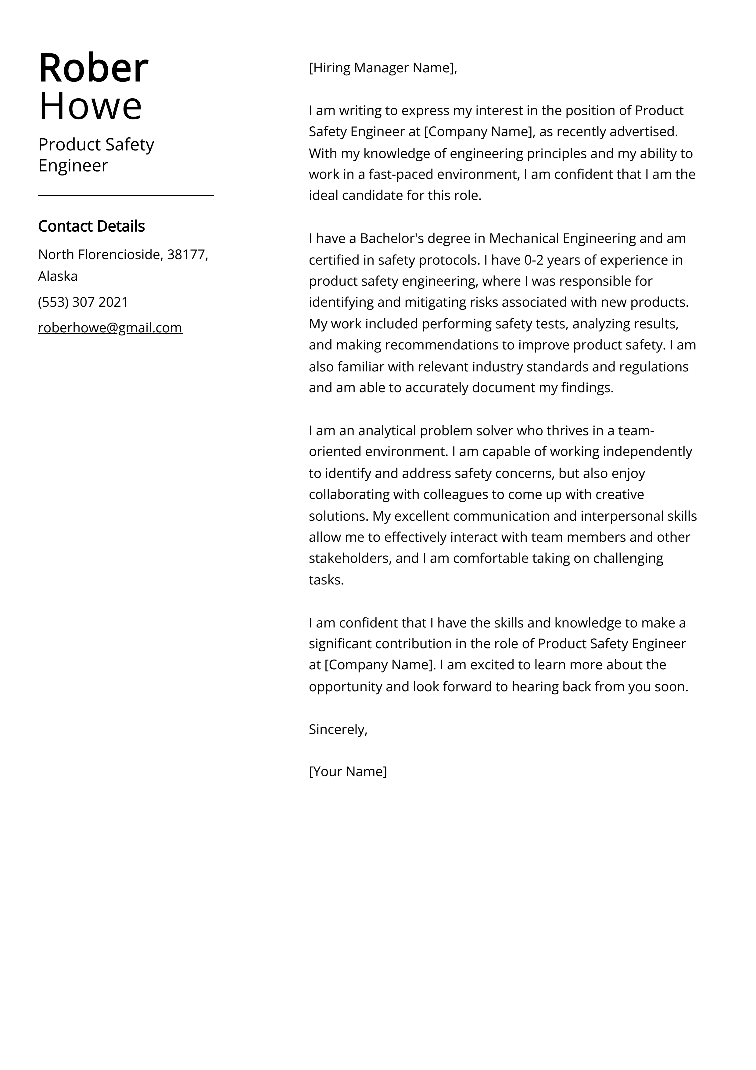 Product Safety Engineer Cover Letter Example