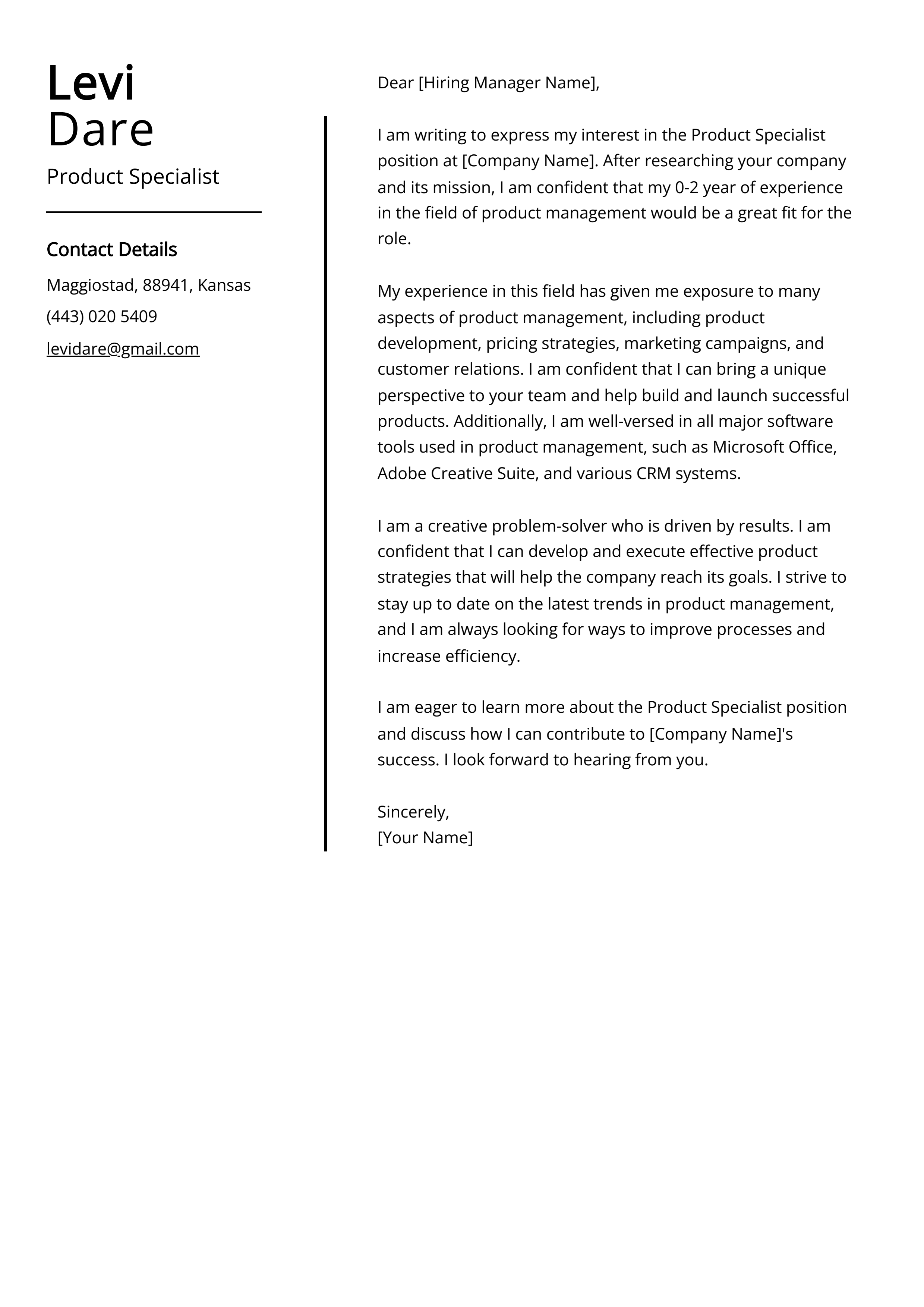 Product Specialist Cover Letter Example