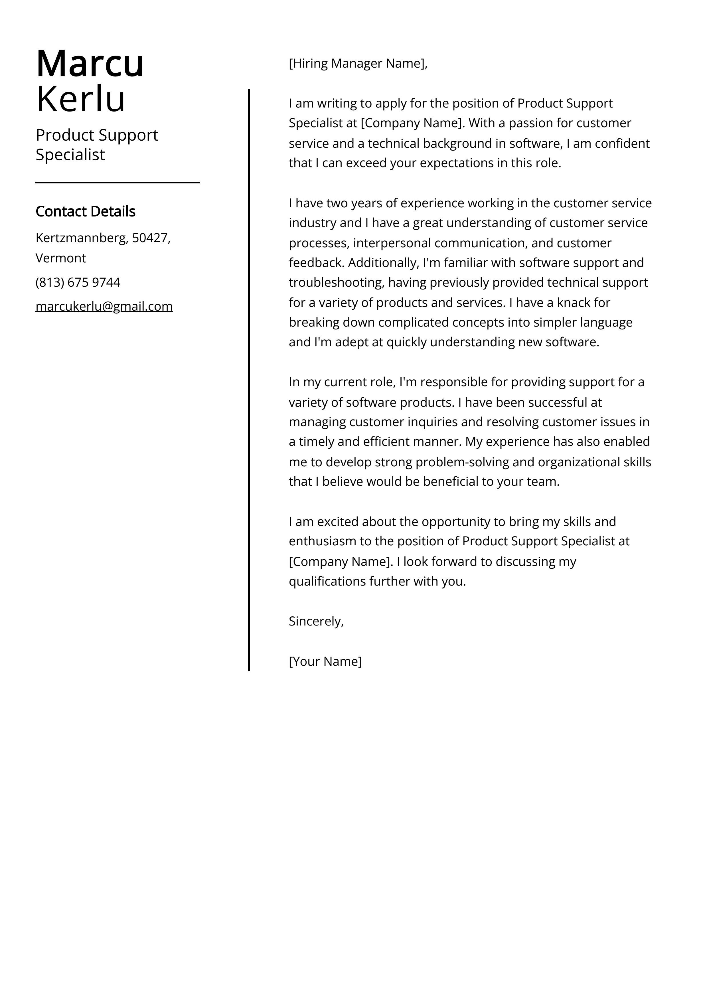 Product Support Specialist Cover Letter Example