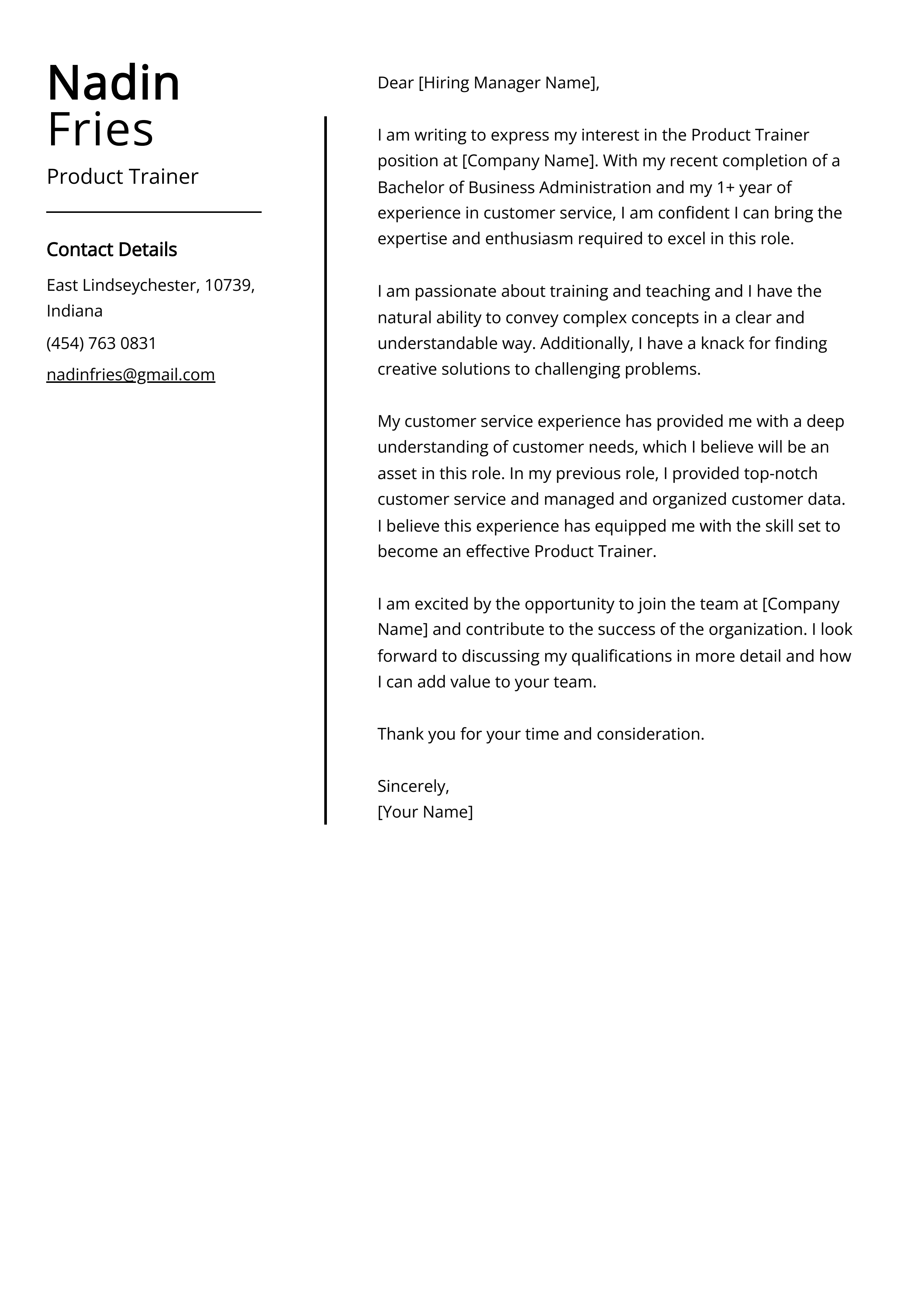 Product Trainer Cover Letter Example