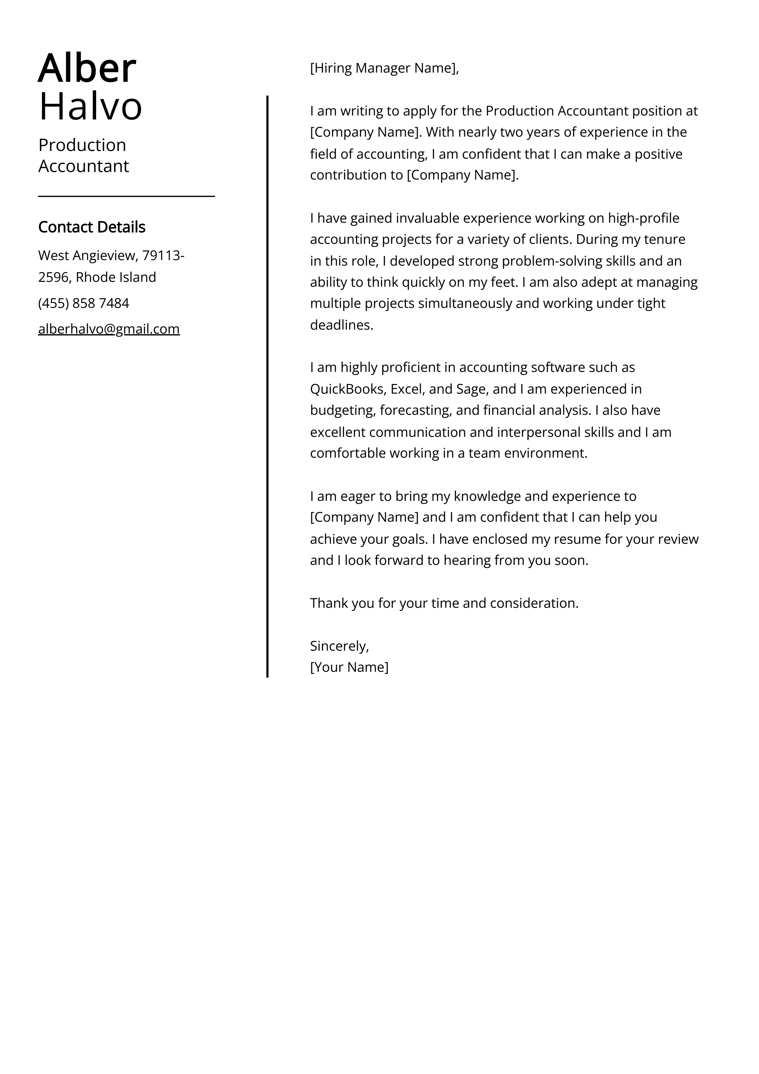 Production Accountant Cover Letter Example
