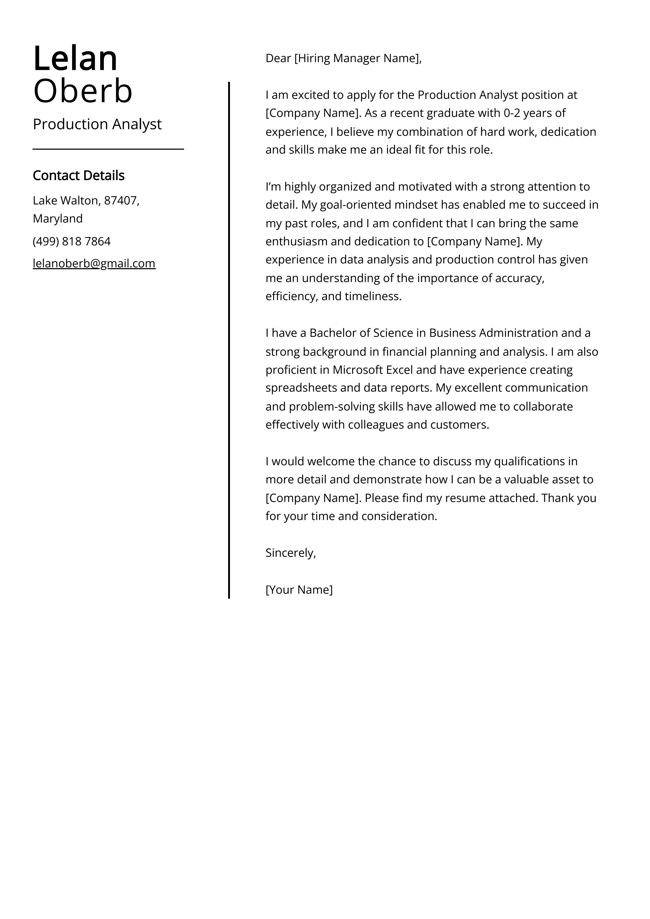 Production Analyst Cover Letter Example