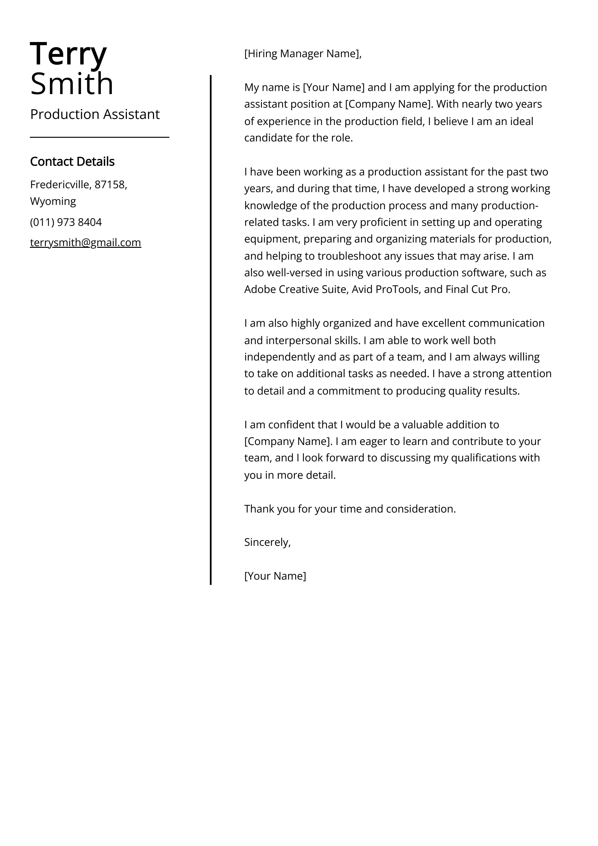 Production Assistant Cover Letter Example