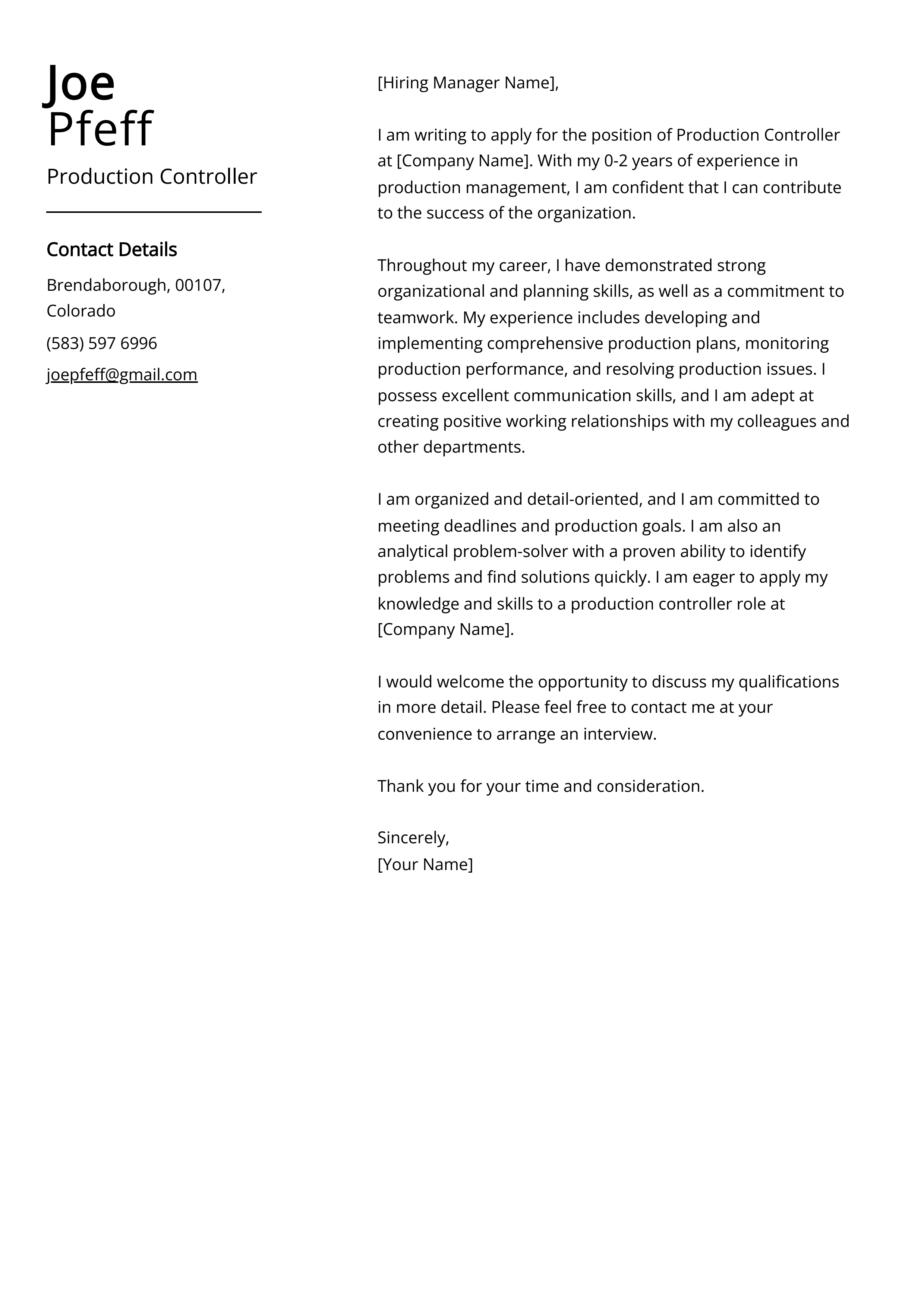 Production Controller Cover Letter Example