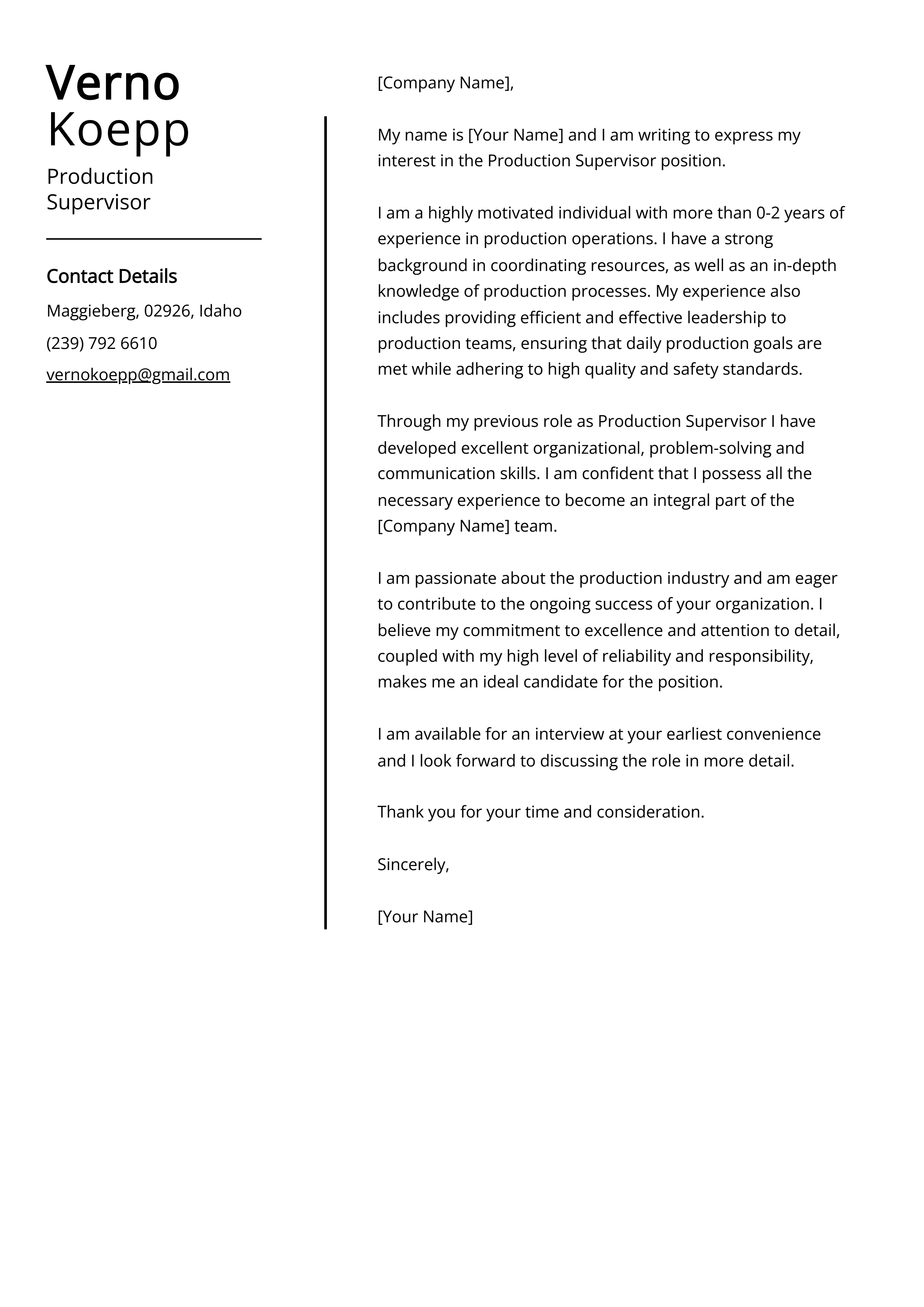 Production Supervisor Cover Letter Example