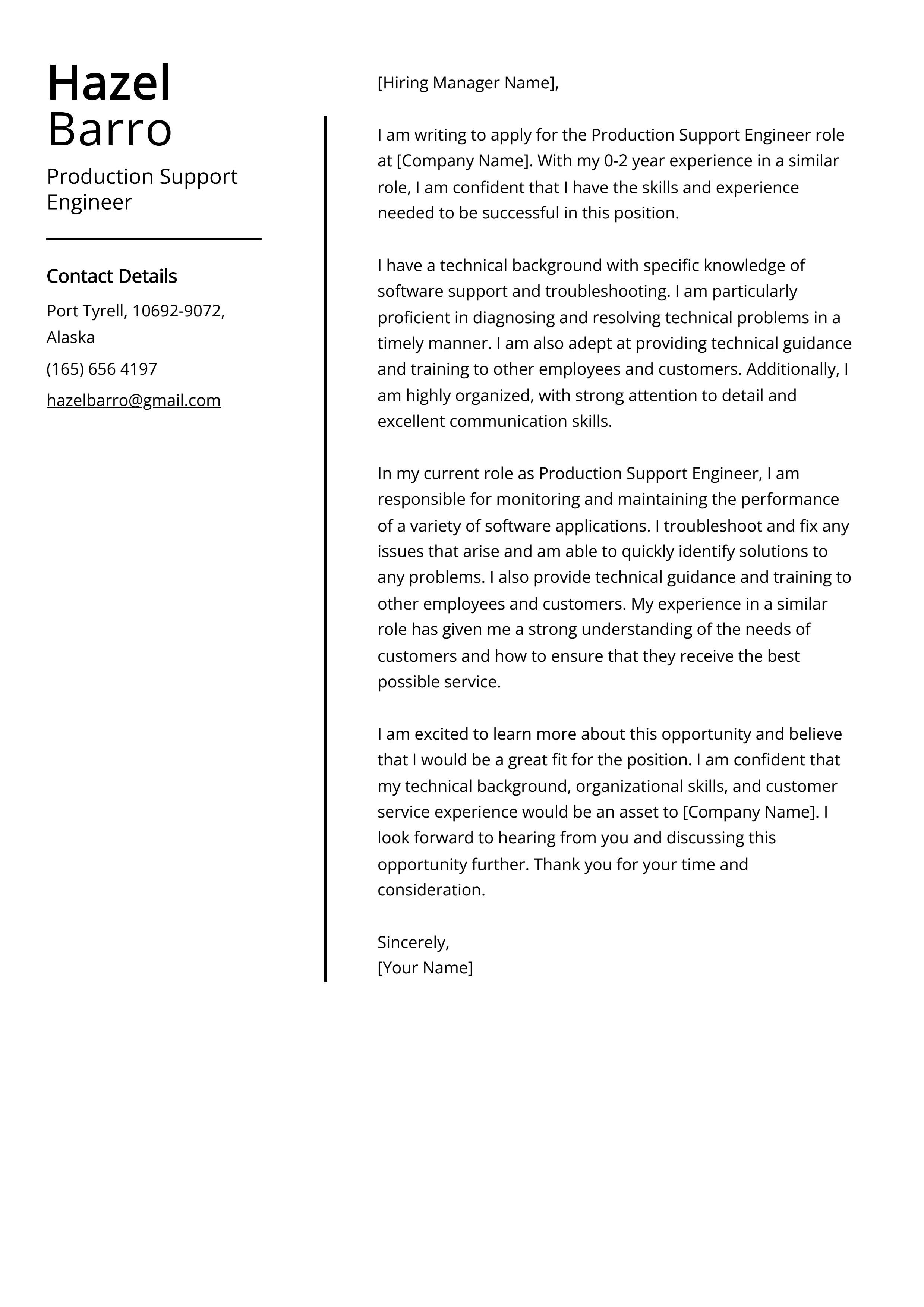 Production Support Engineer Cover Letter Example