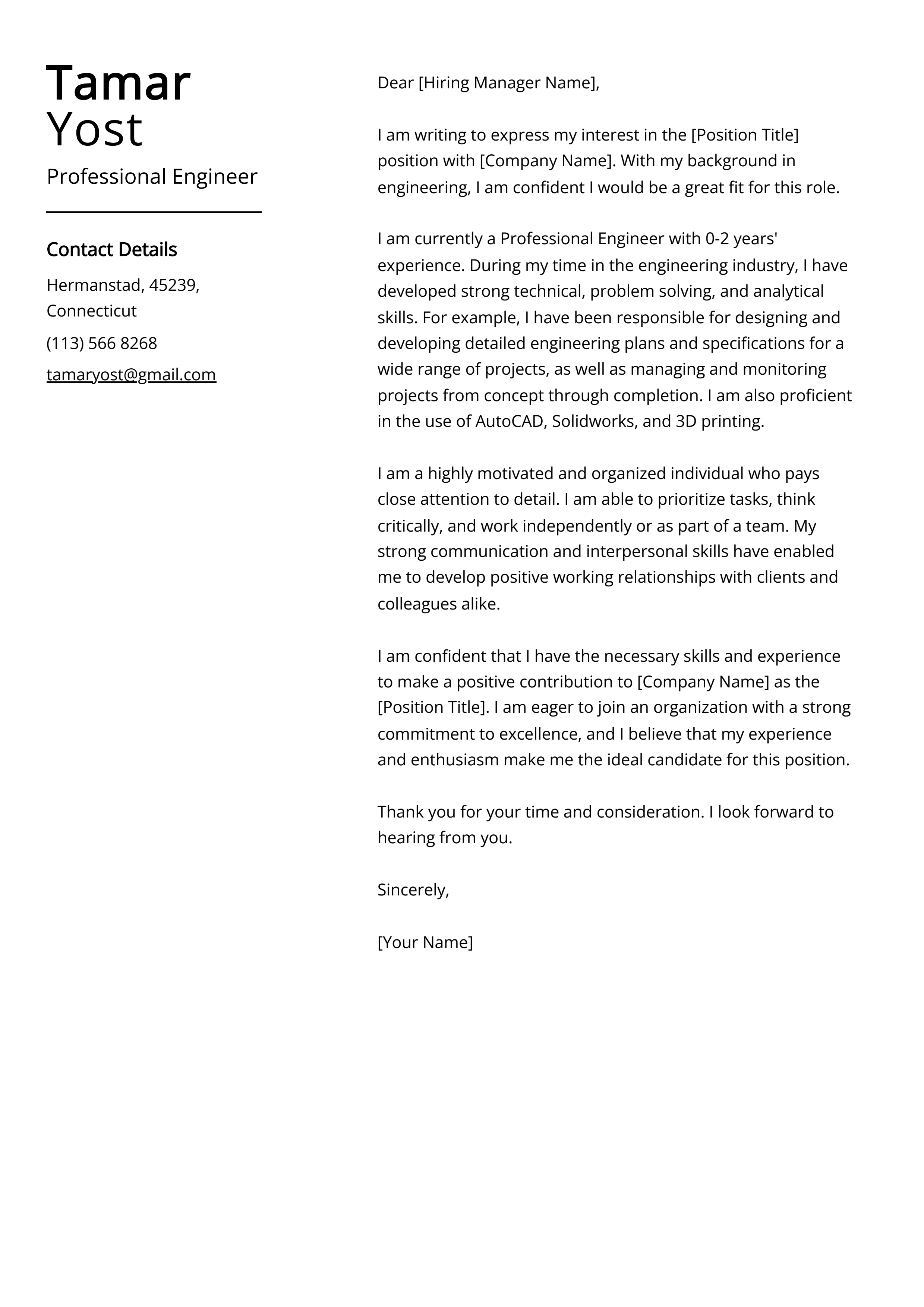 Professional Engineer Cover Letter Example