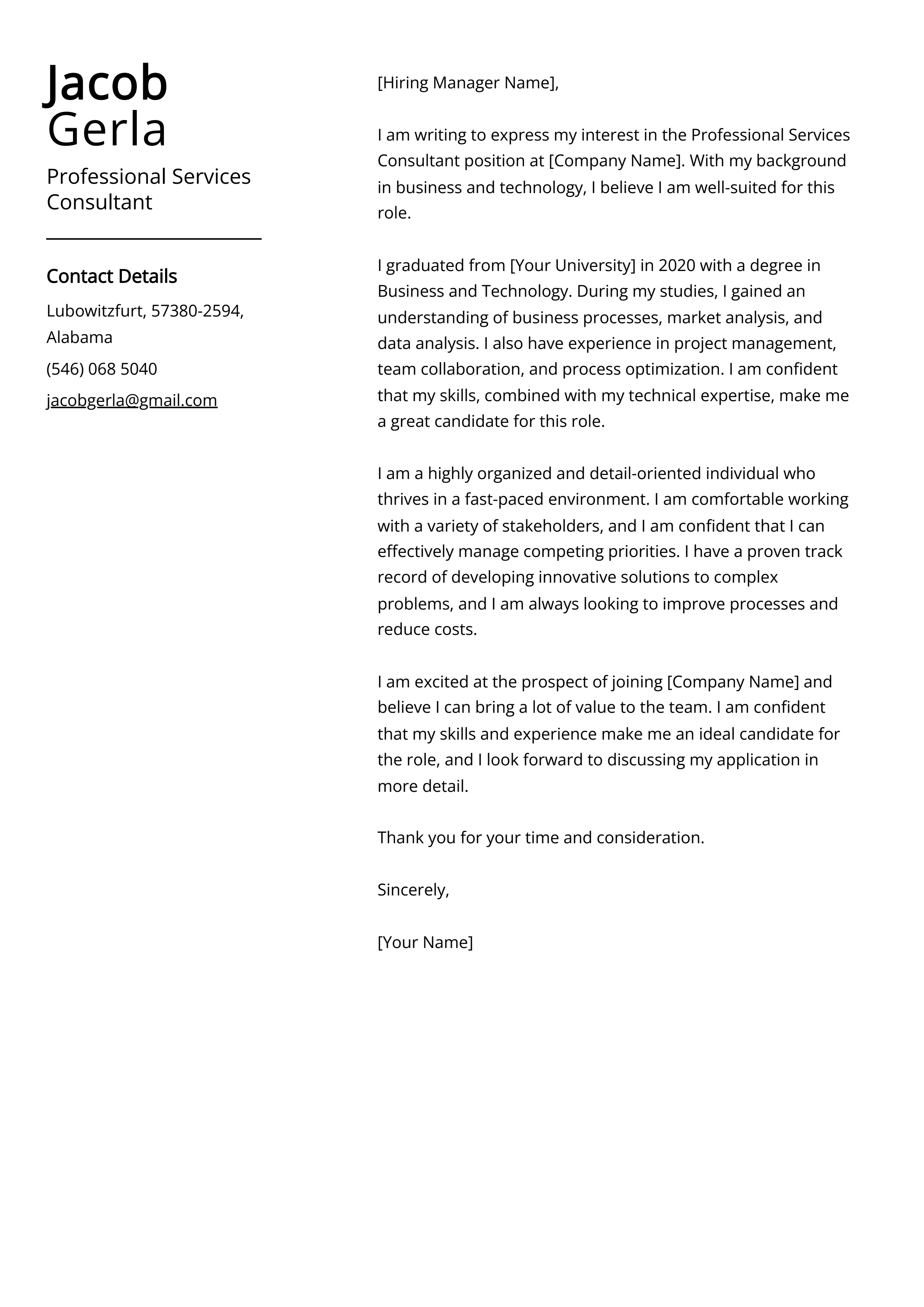 Professional Services Consultant Cover Letter Example