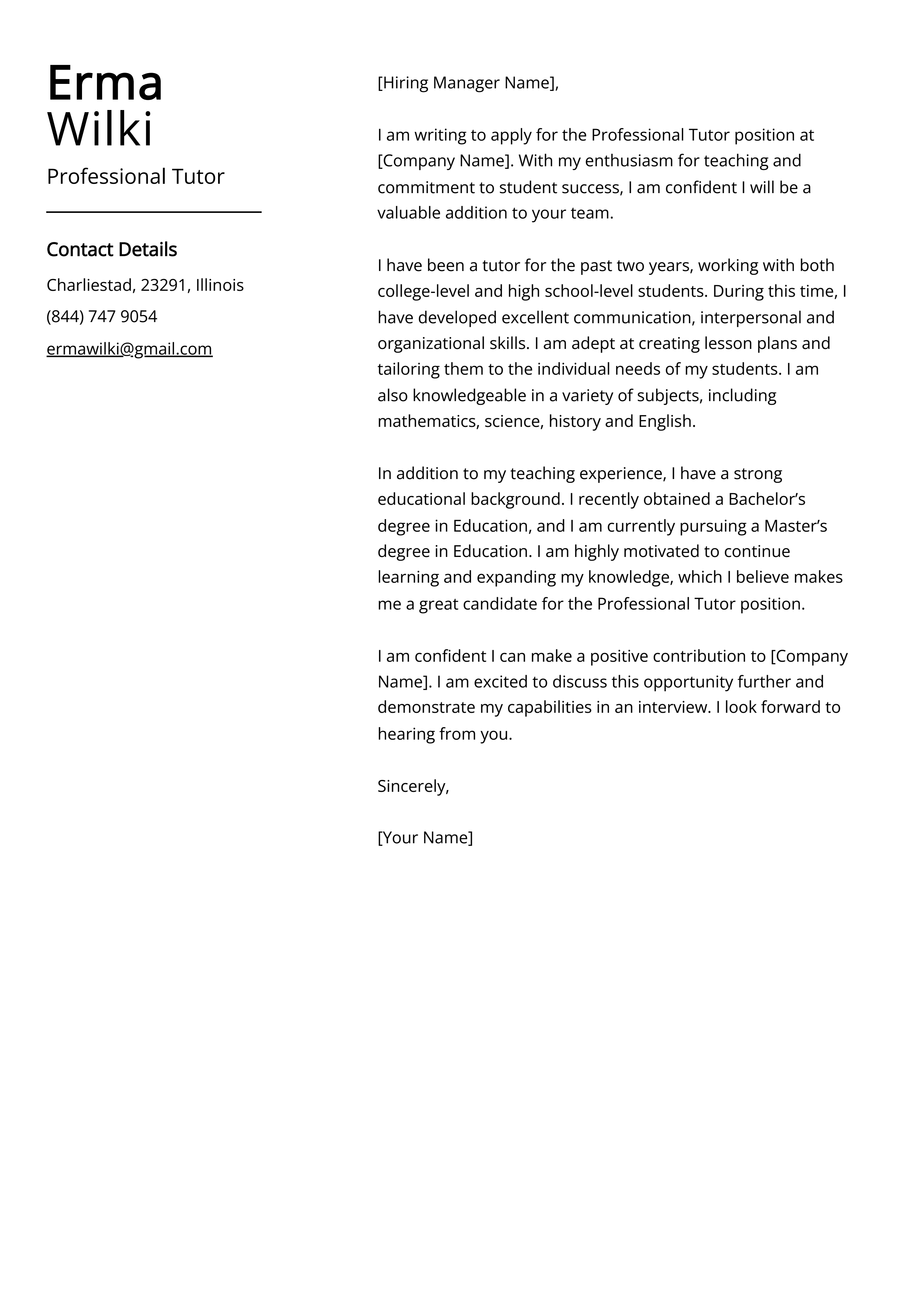 Professional Tutor Cover Letter Example