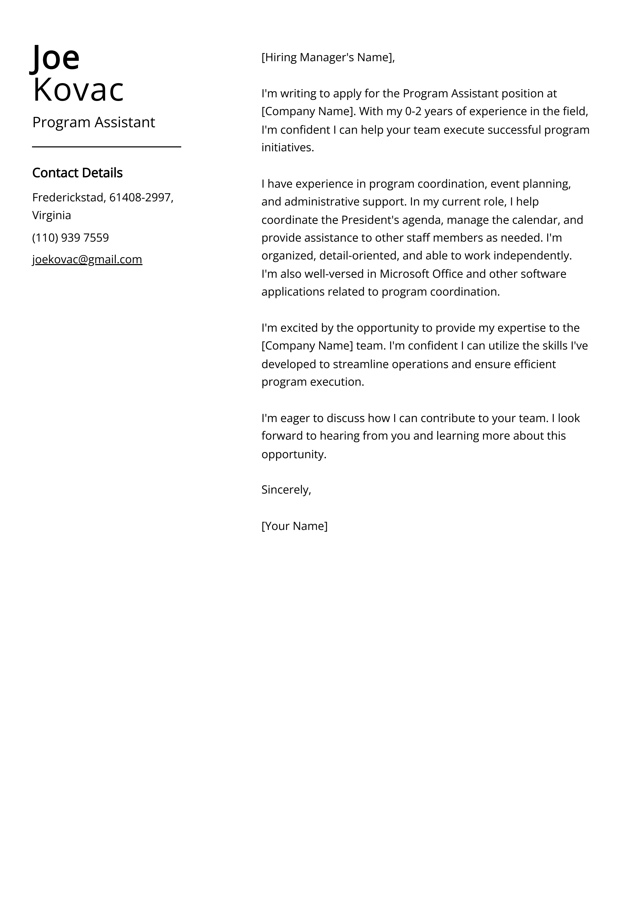 Program Assistant Cover Letter Example