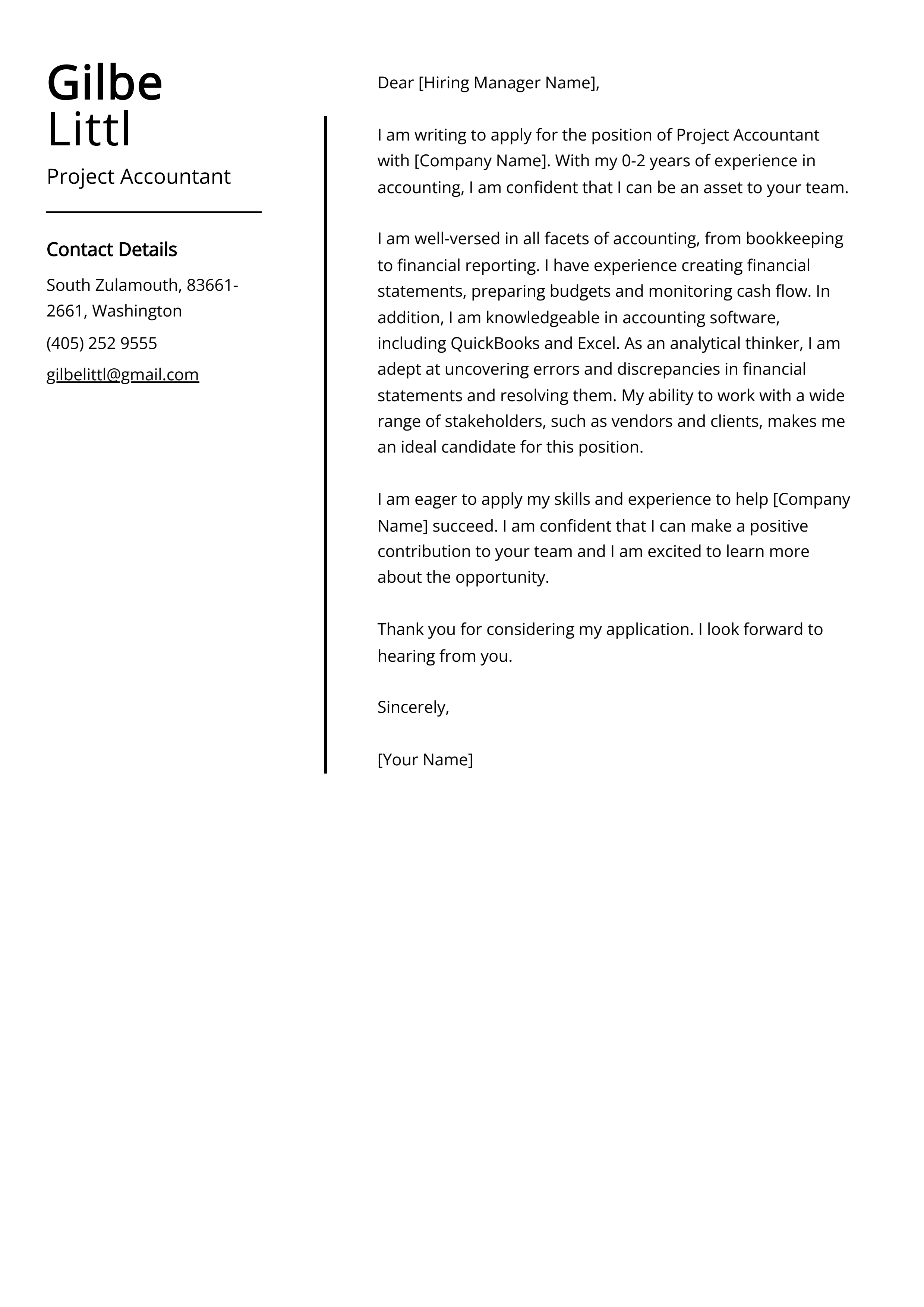Project Accountant Cover Letter Example