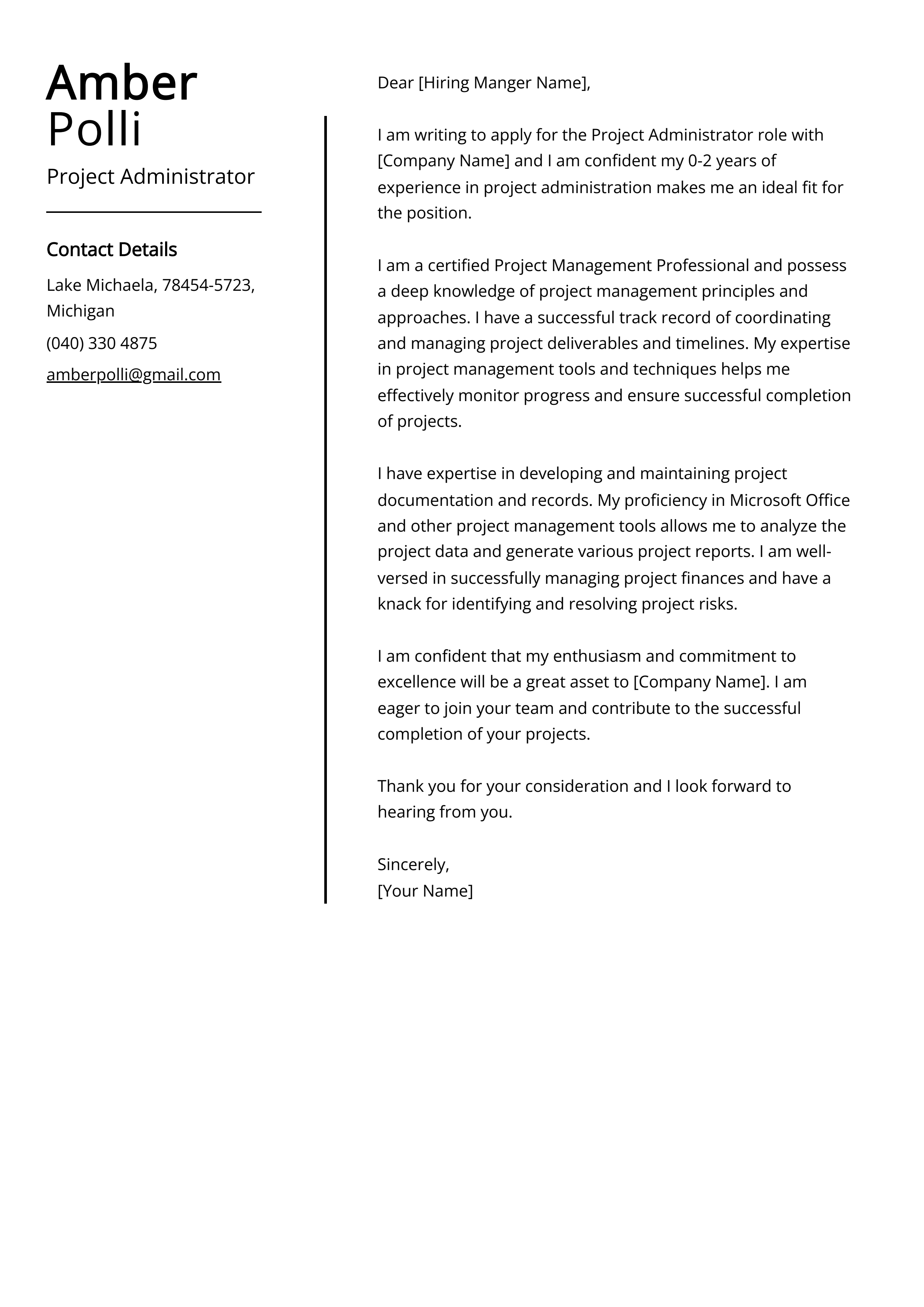 Project Administrator Cover Letter Example