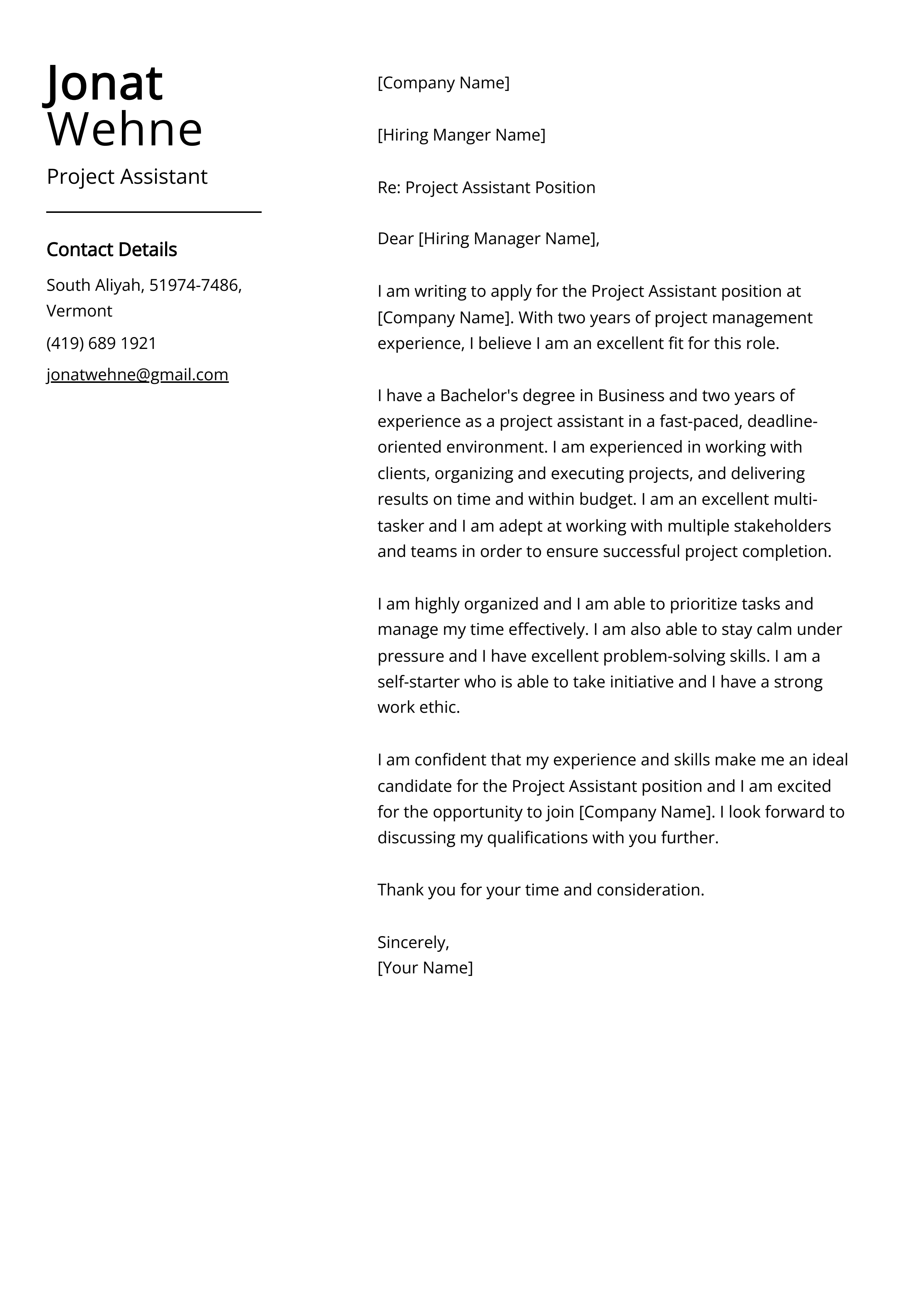 Project Assistant Cover Letter Example