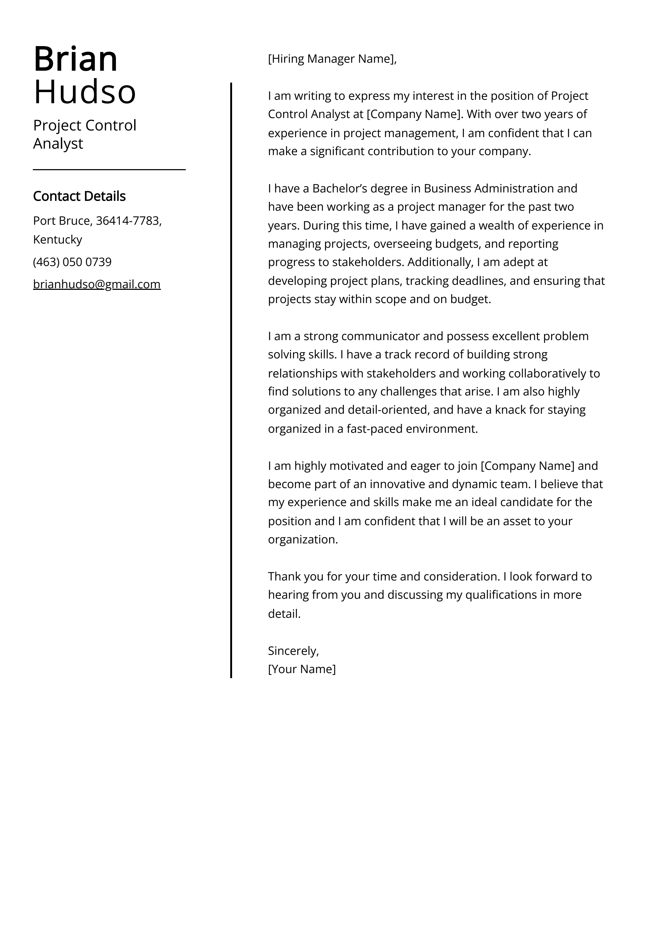 Project Control Analyst Cover Letter Example