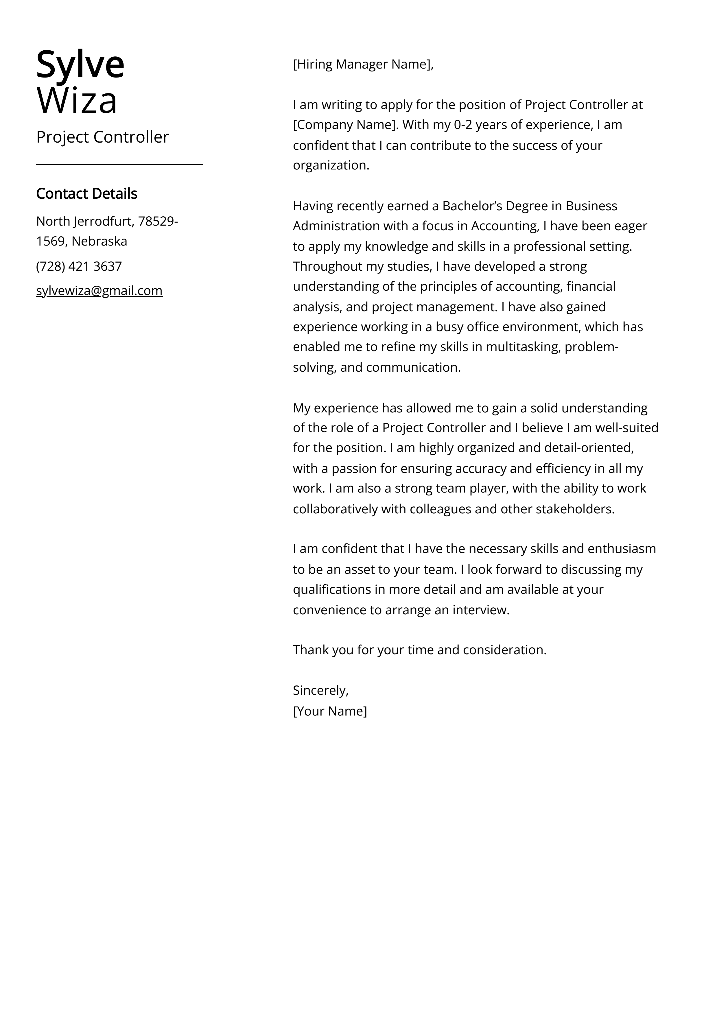Project Controller Cover Letter Example