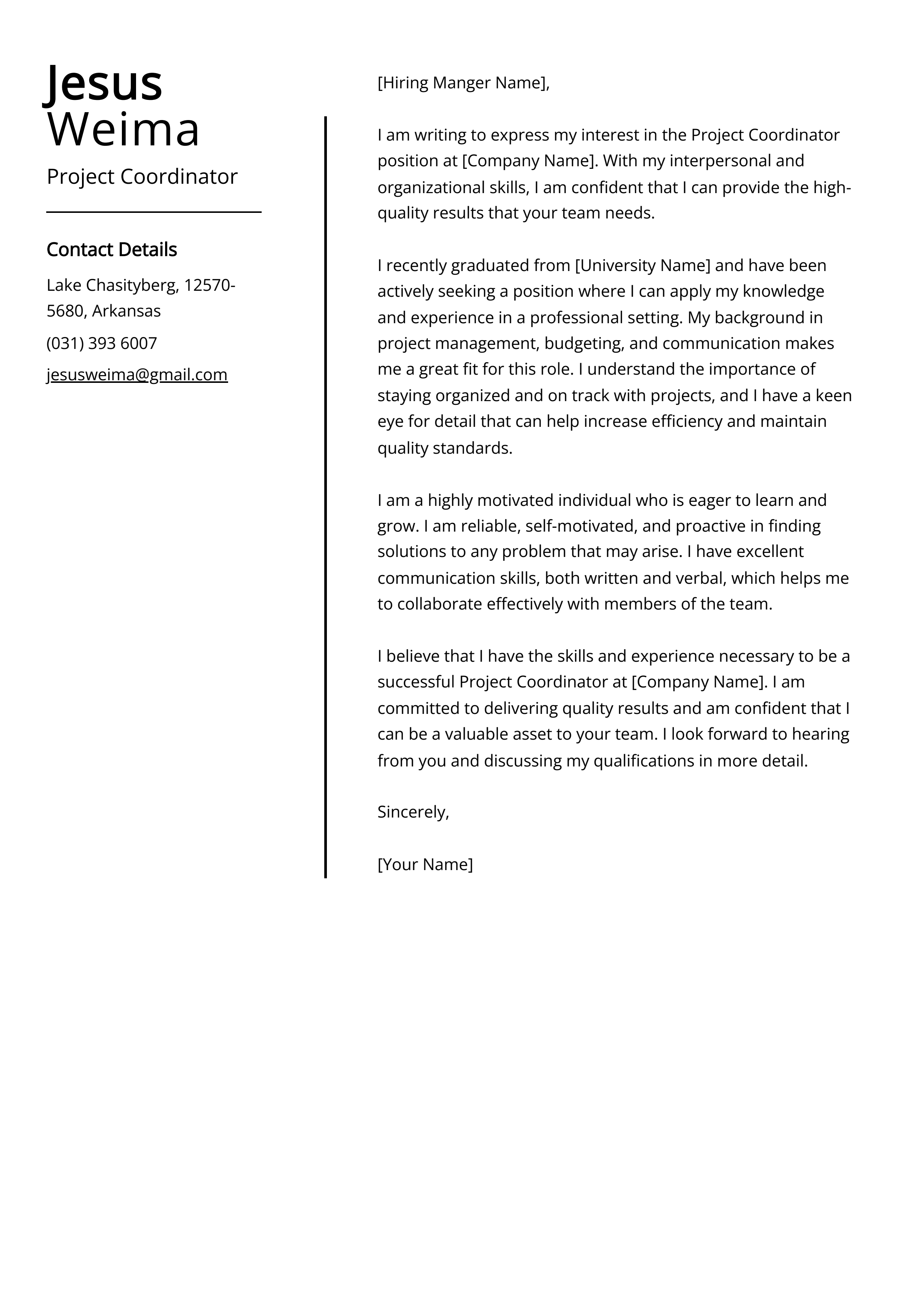 Project Coordinator Cover Letter Example