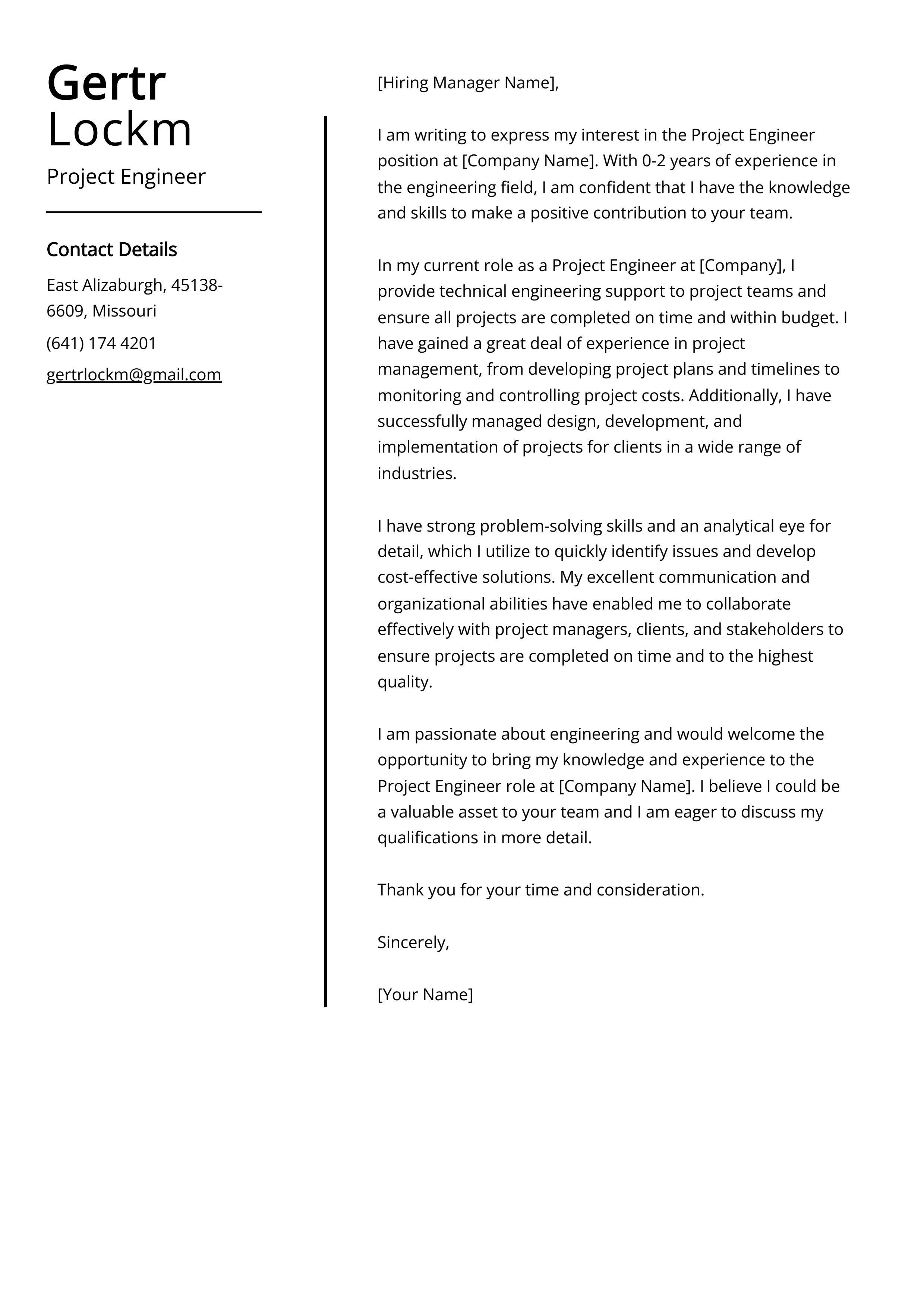 Project Engineer Cover Letter Example