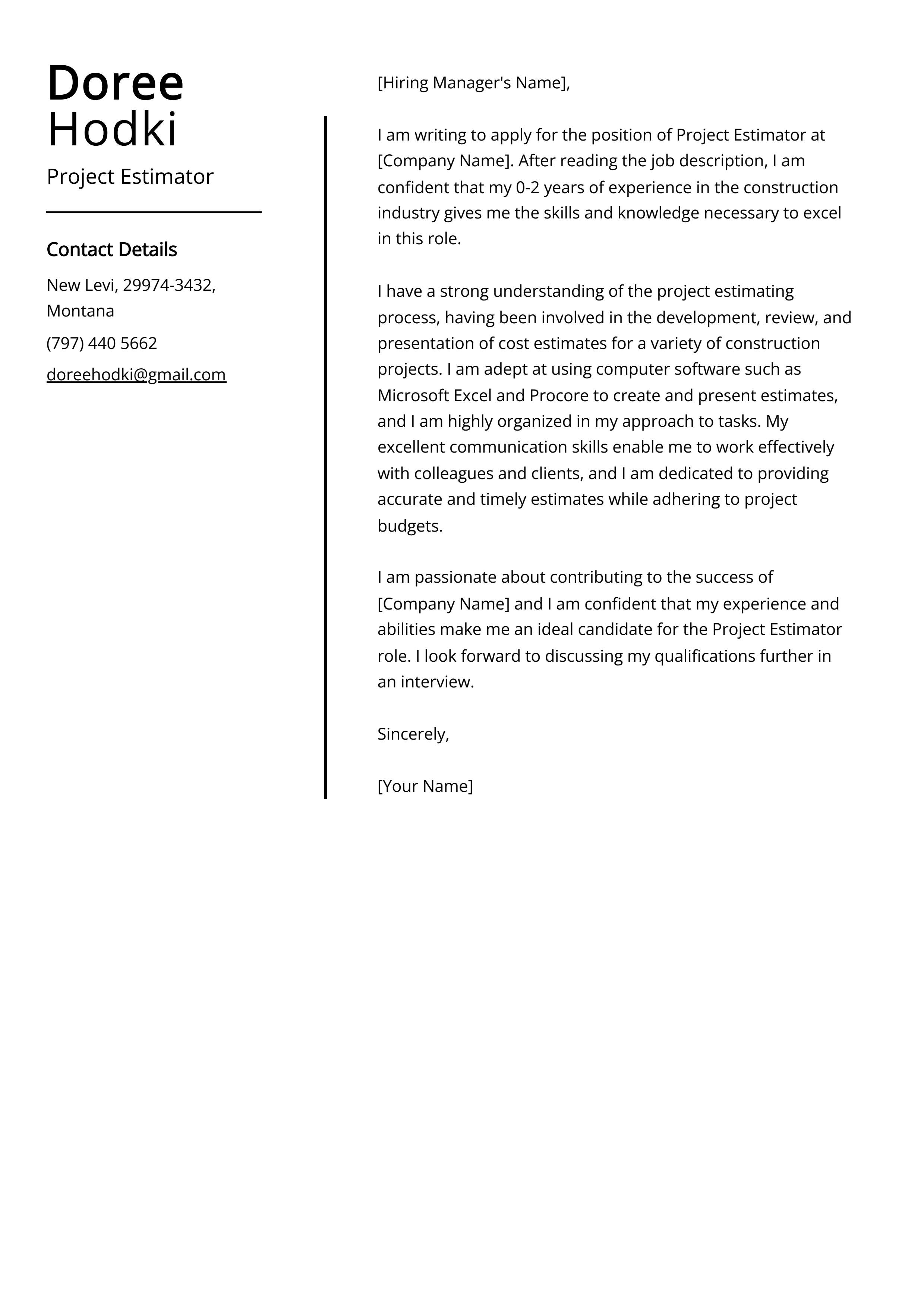 Project Estimator Cover Letter Example