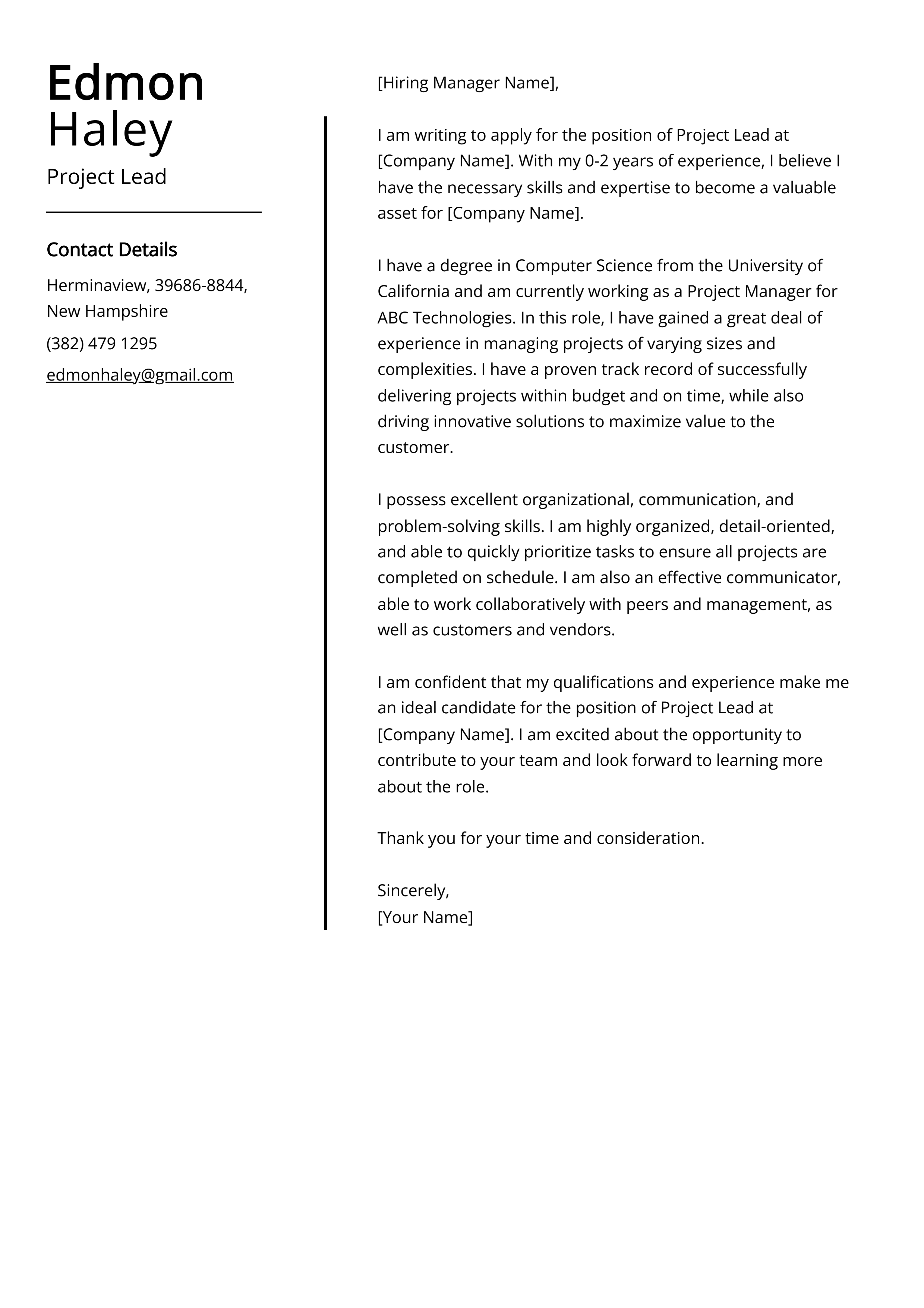 Project Lead Cover Letter Example