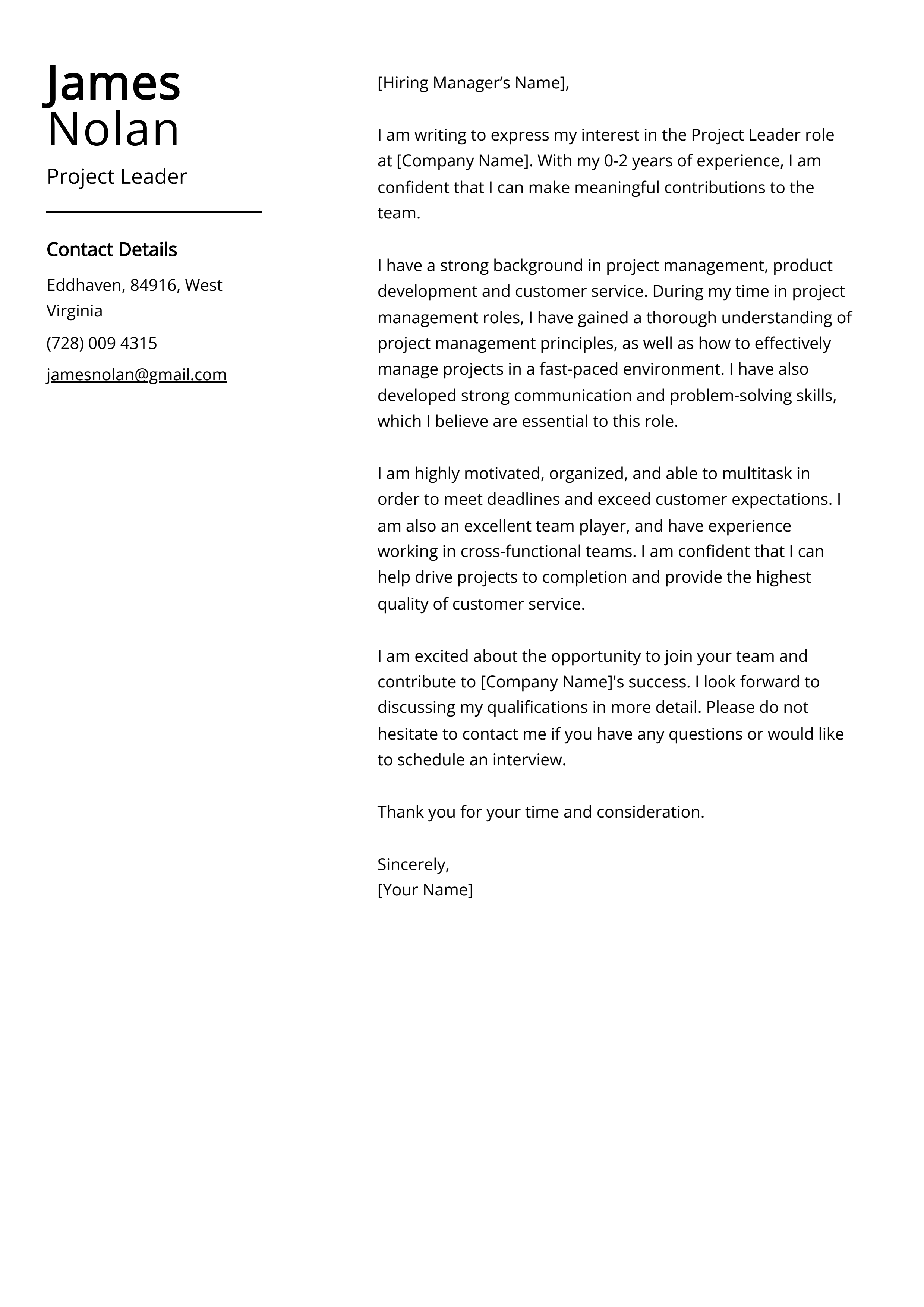 Project Leader Cover Letter Example
