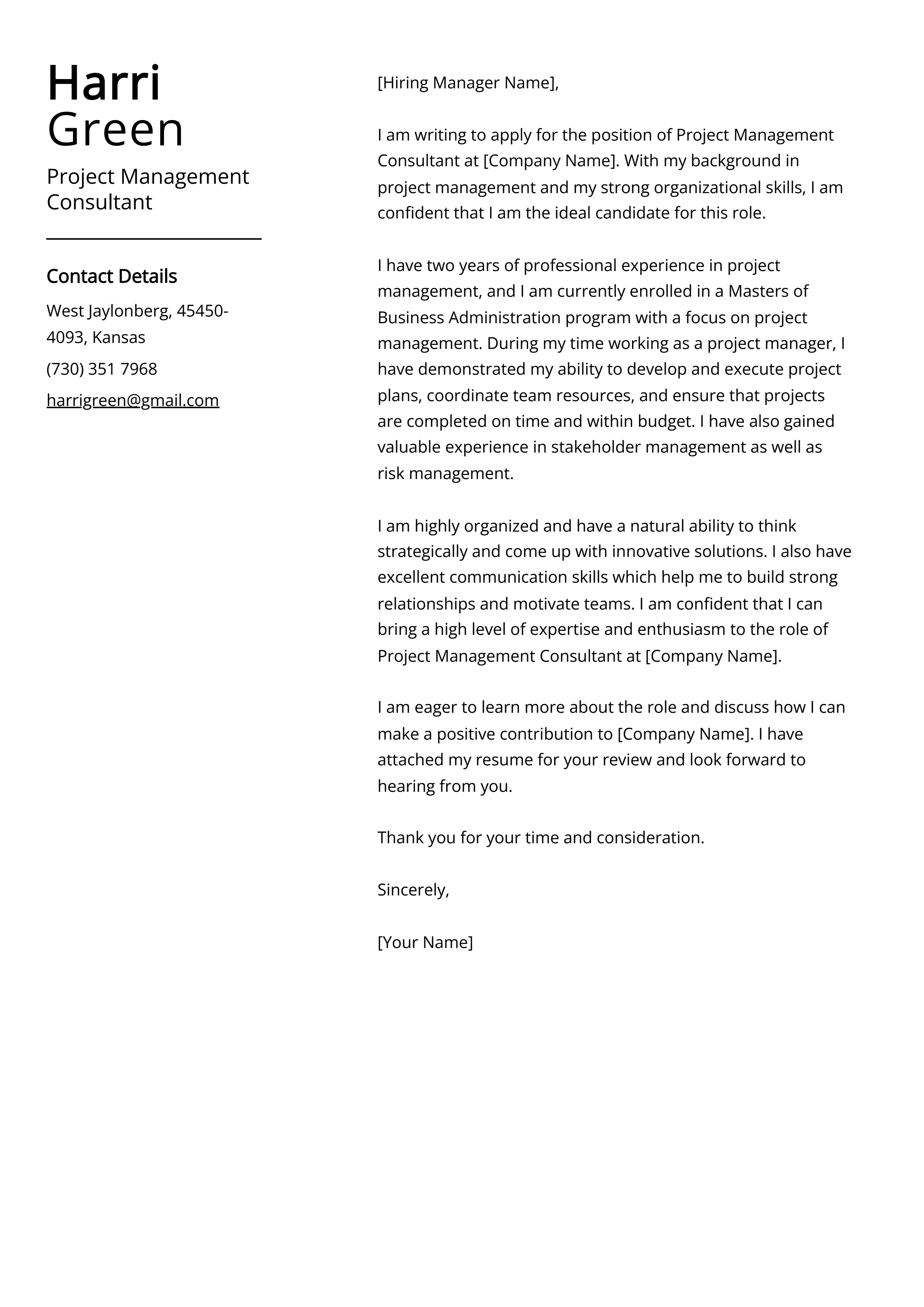 Project Management Consultant Cover Letter Example