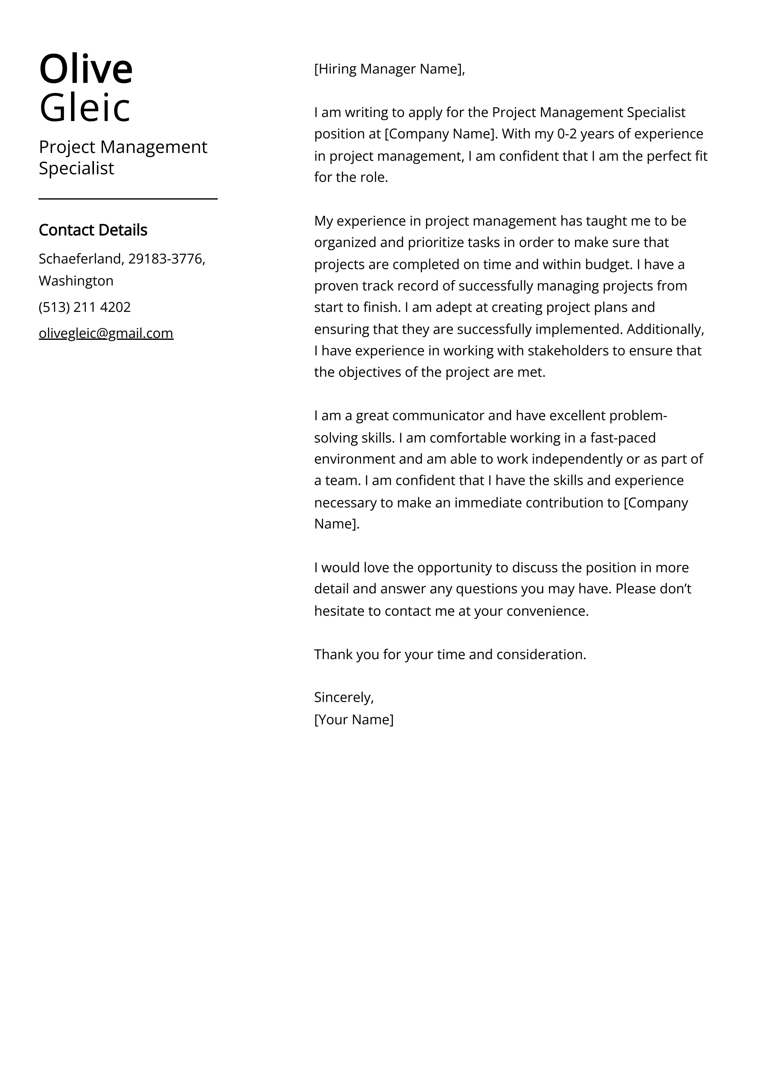 Project Management Specialist Cover Letter Example