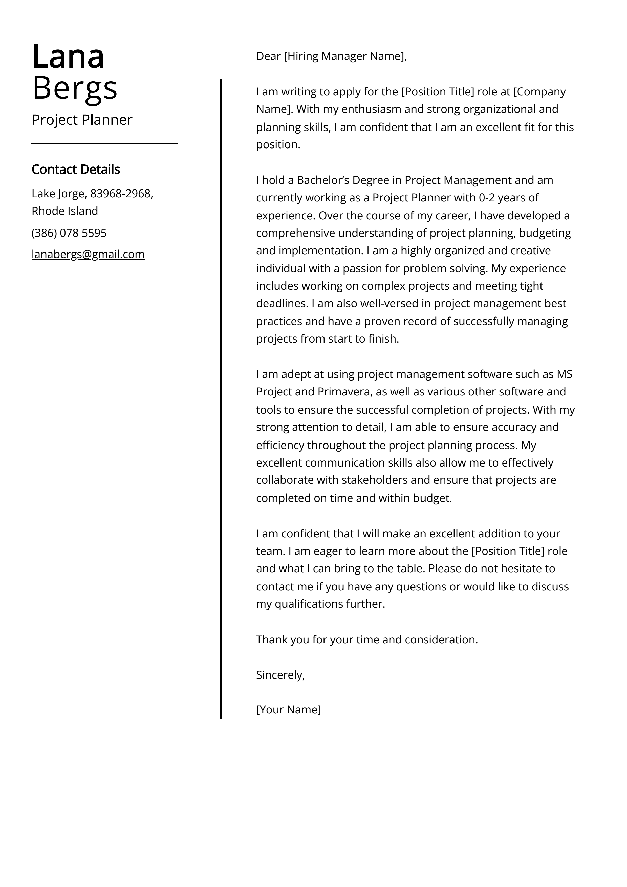 Project Planner Cover Letter Example