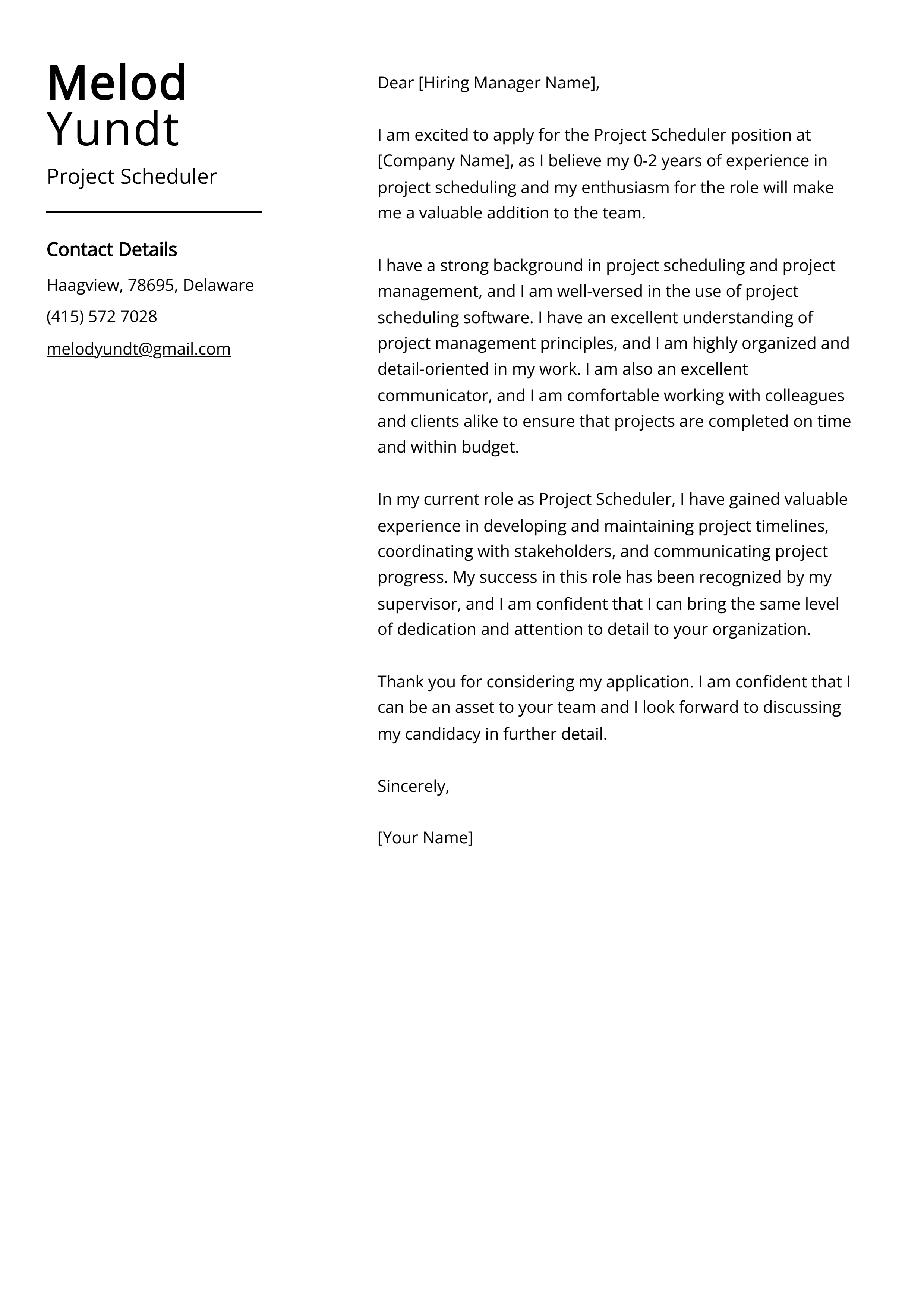Project Scheduler Cover Letter Example