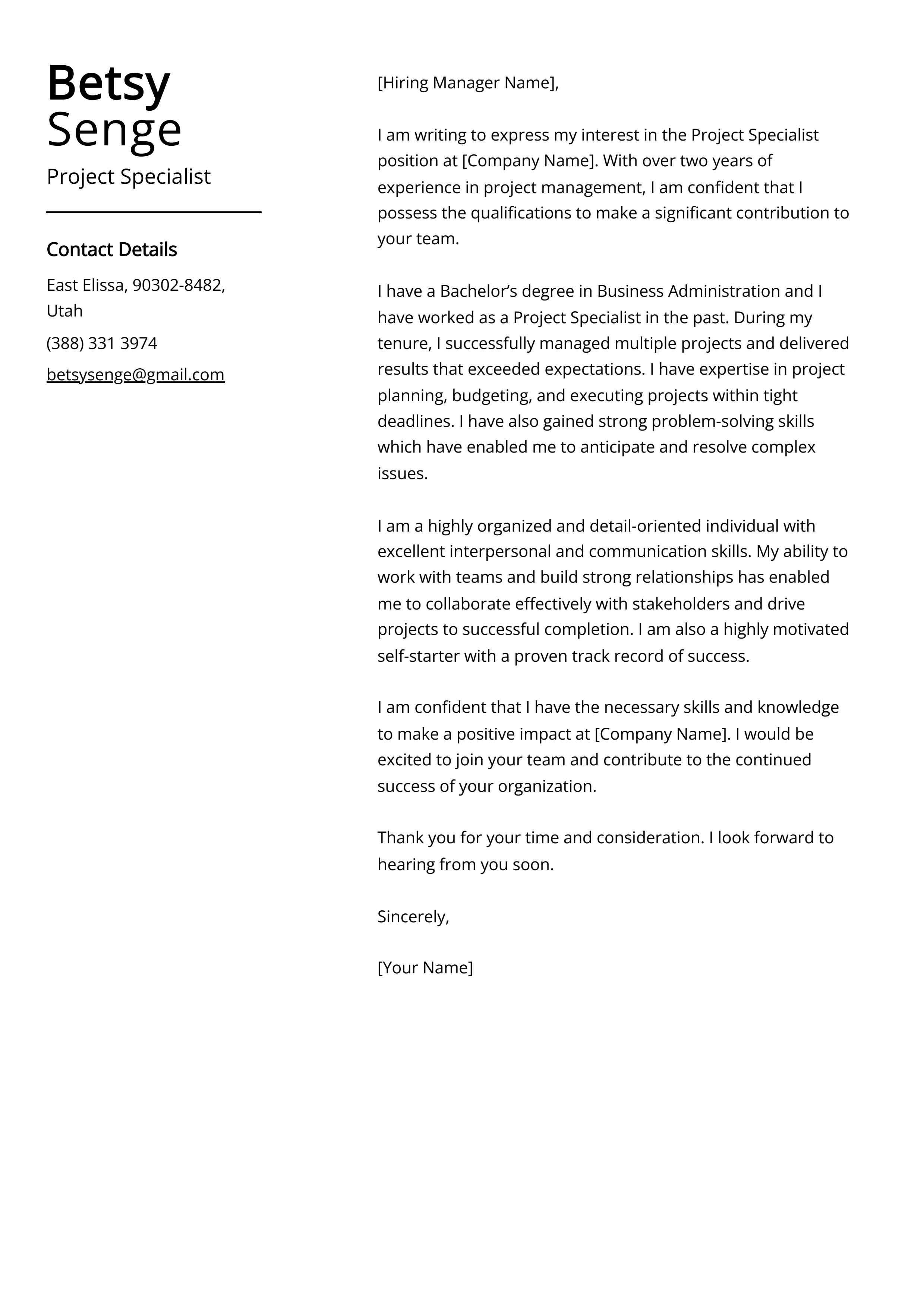 Project Specialist Cover Letter Example