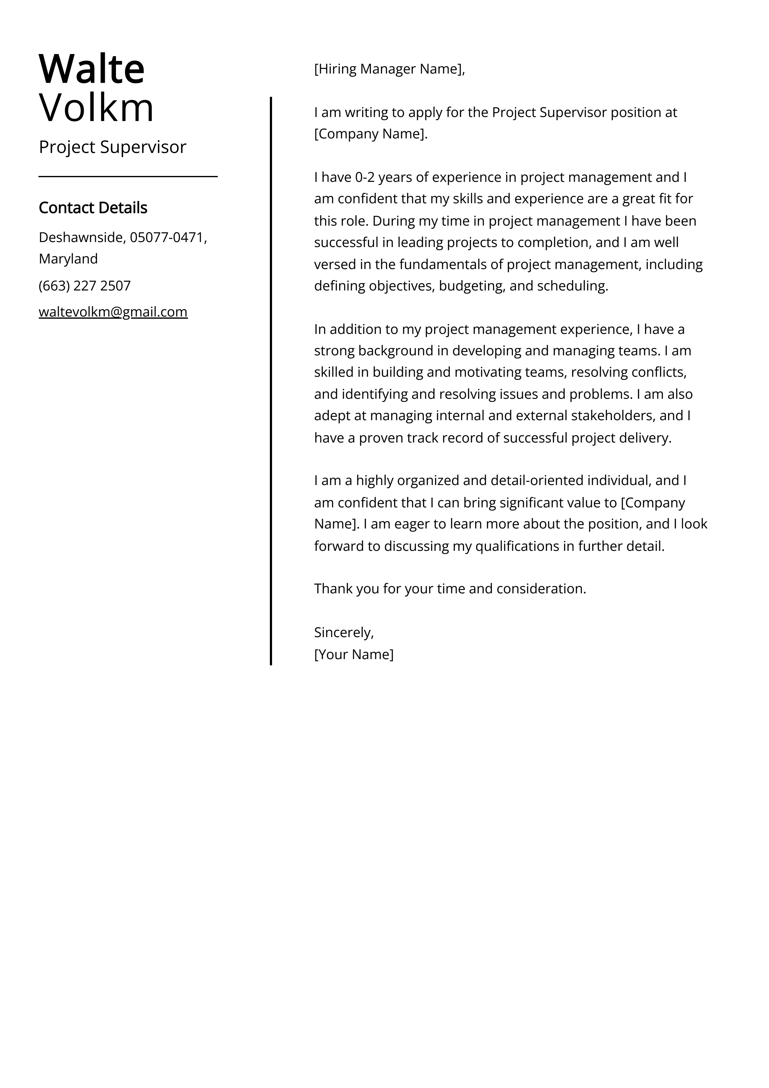 Project Supervisor Cover Letter Example