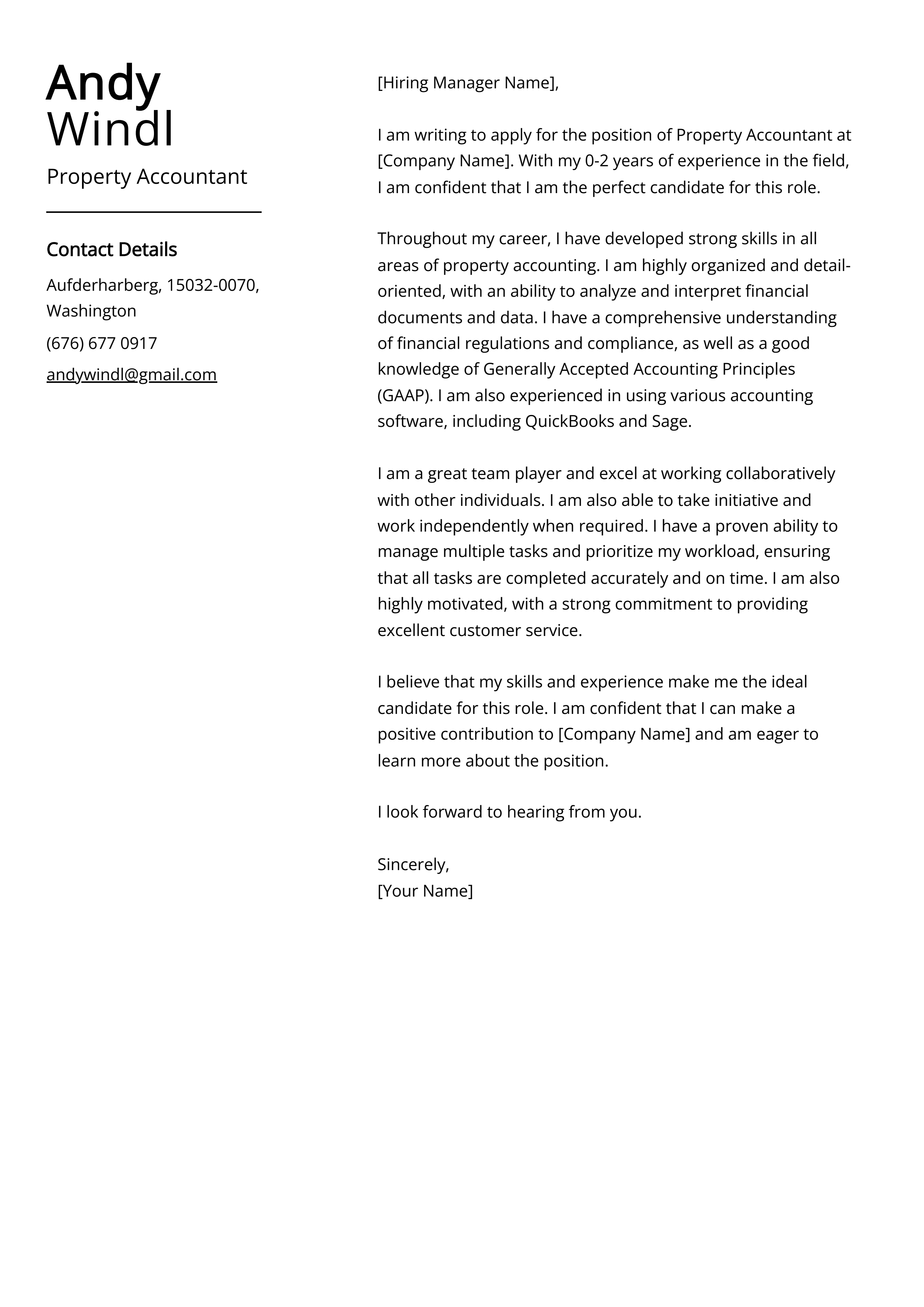 Property Accountant Cover Letter Example