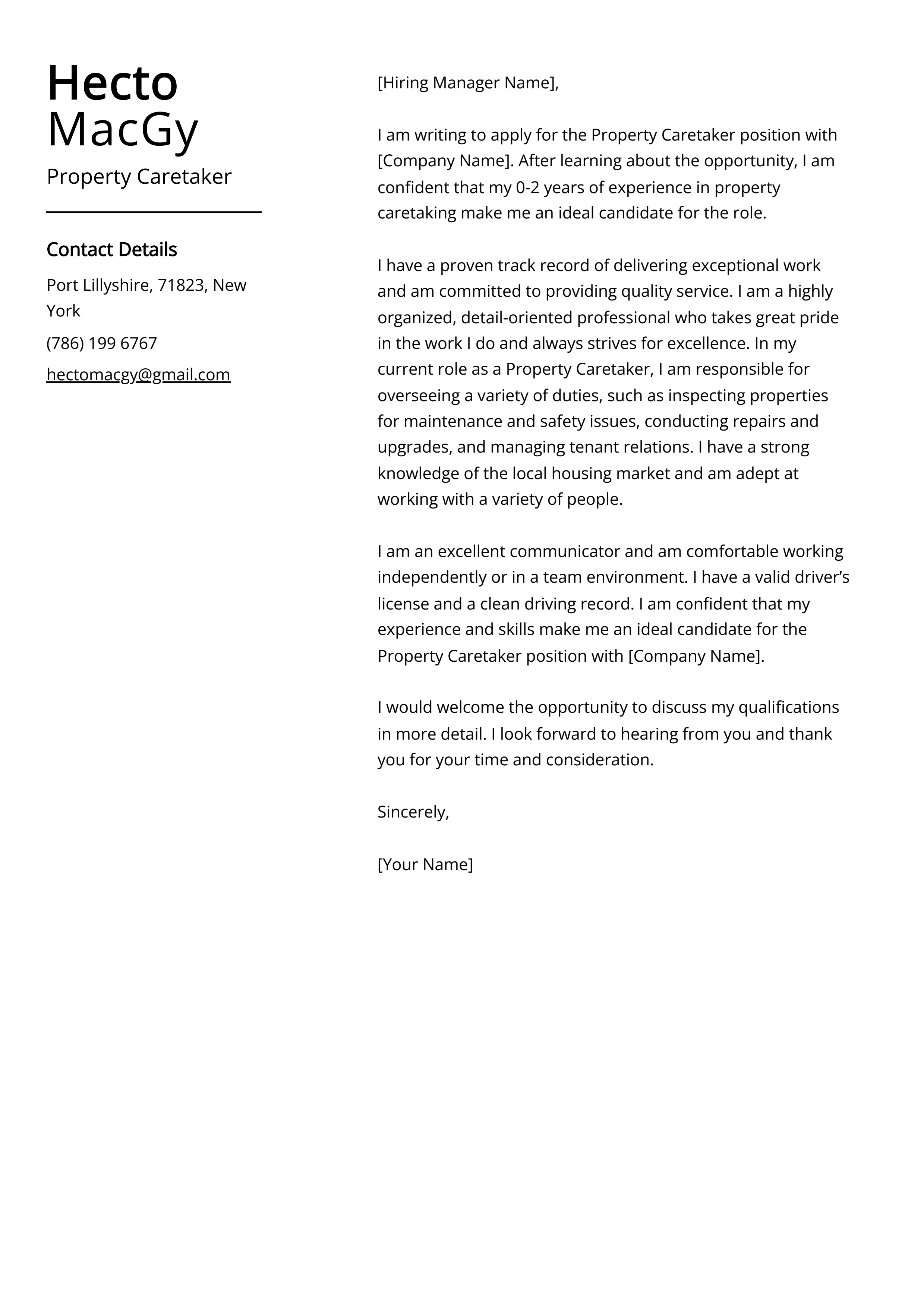 Property Caretaker Cover Letter Example