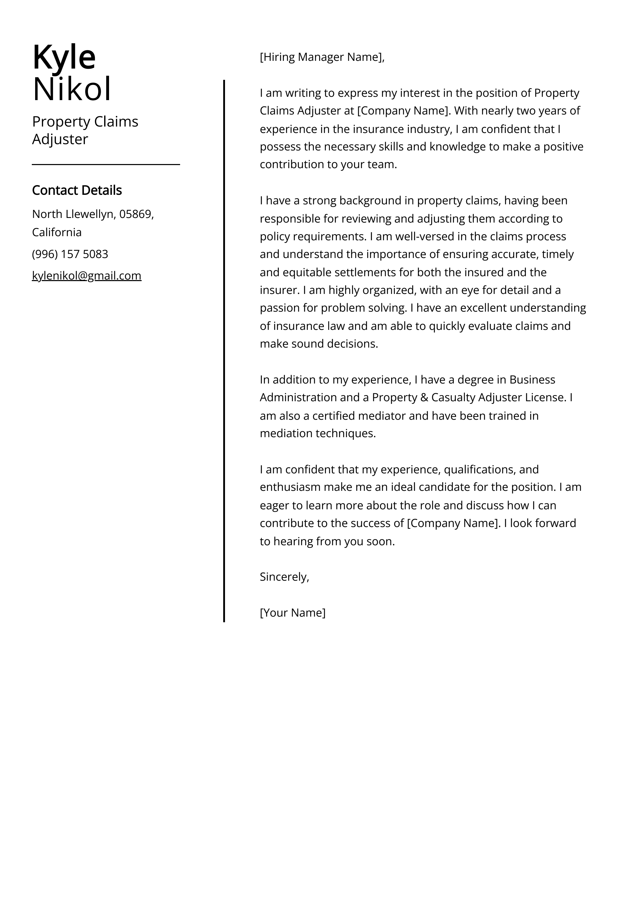 Property Claims Adjuster Cover Letter Example