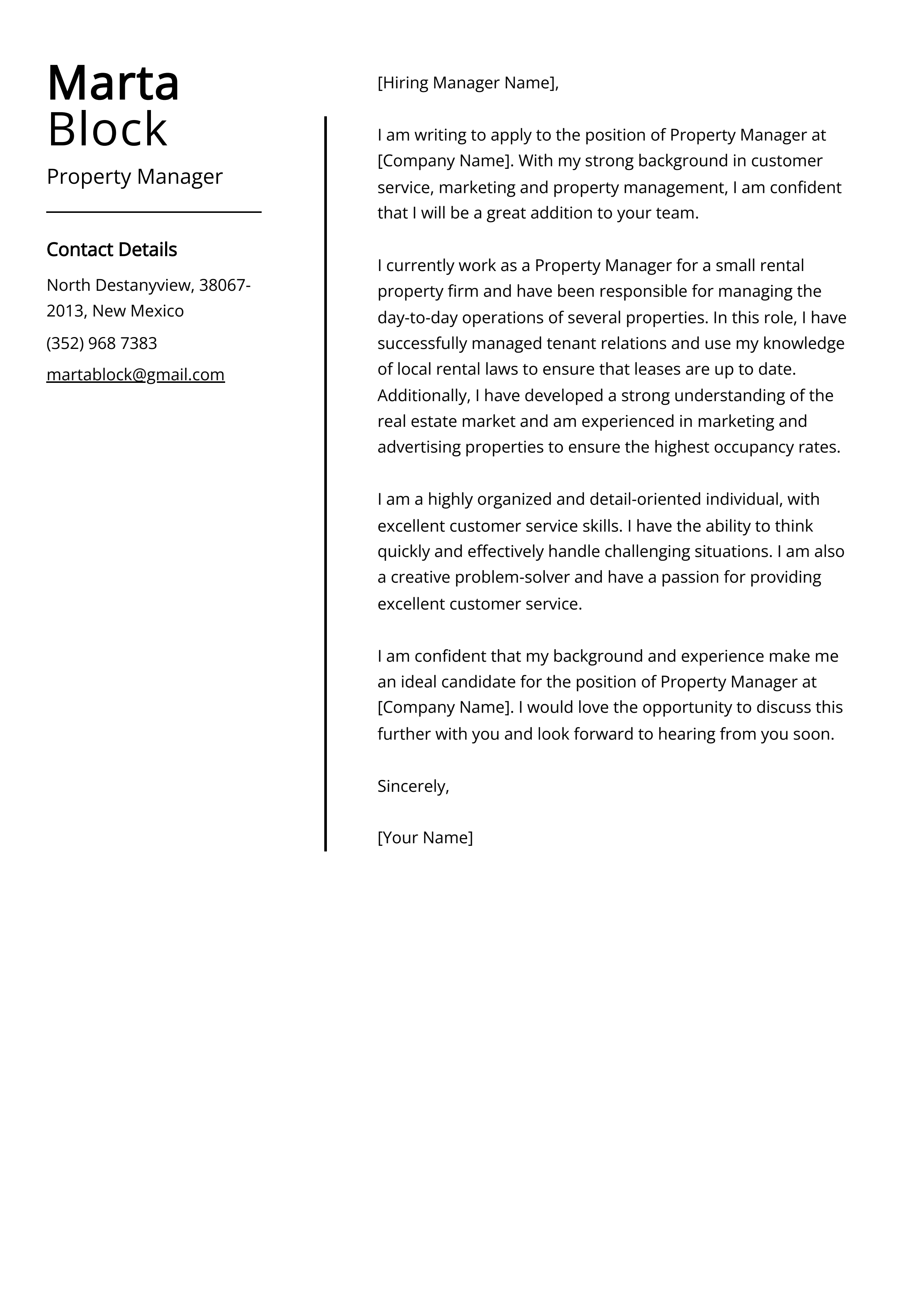 Property Manager Cover Letter Example