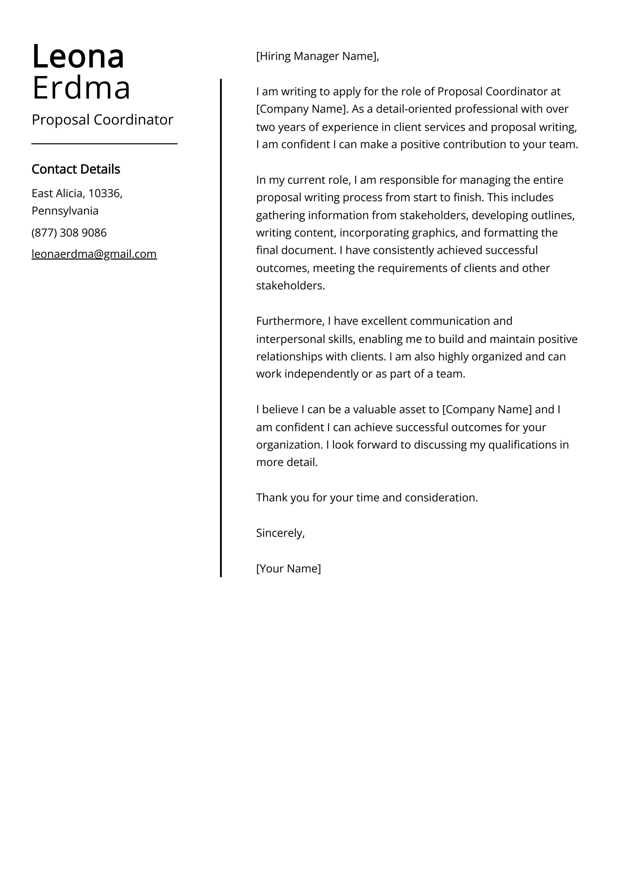 Proposal Coordinator Cover Letter Example